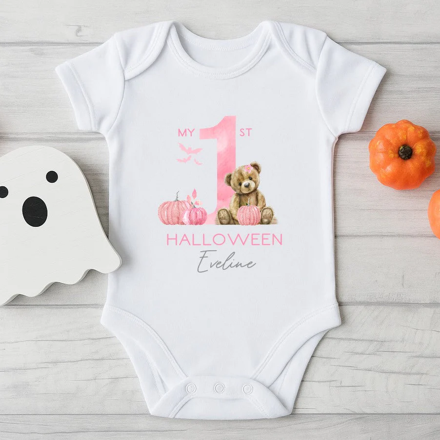 Personalised Pink Bear First Halloween Babygrow/Vest/Bibs - Image 2