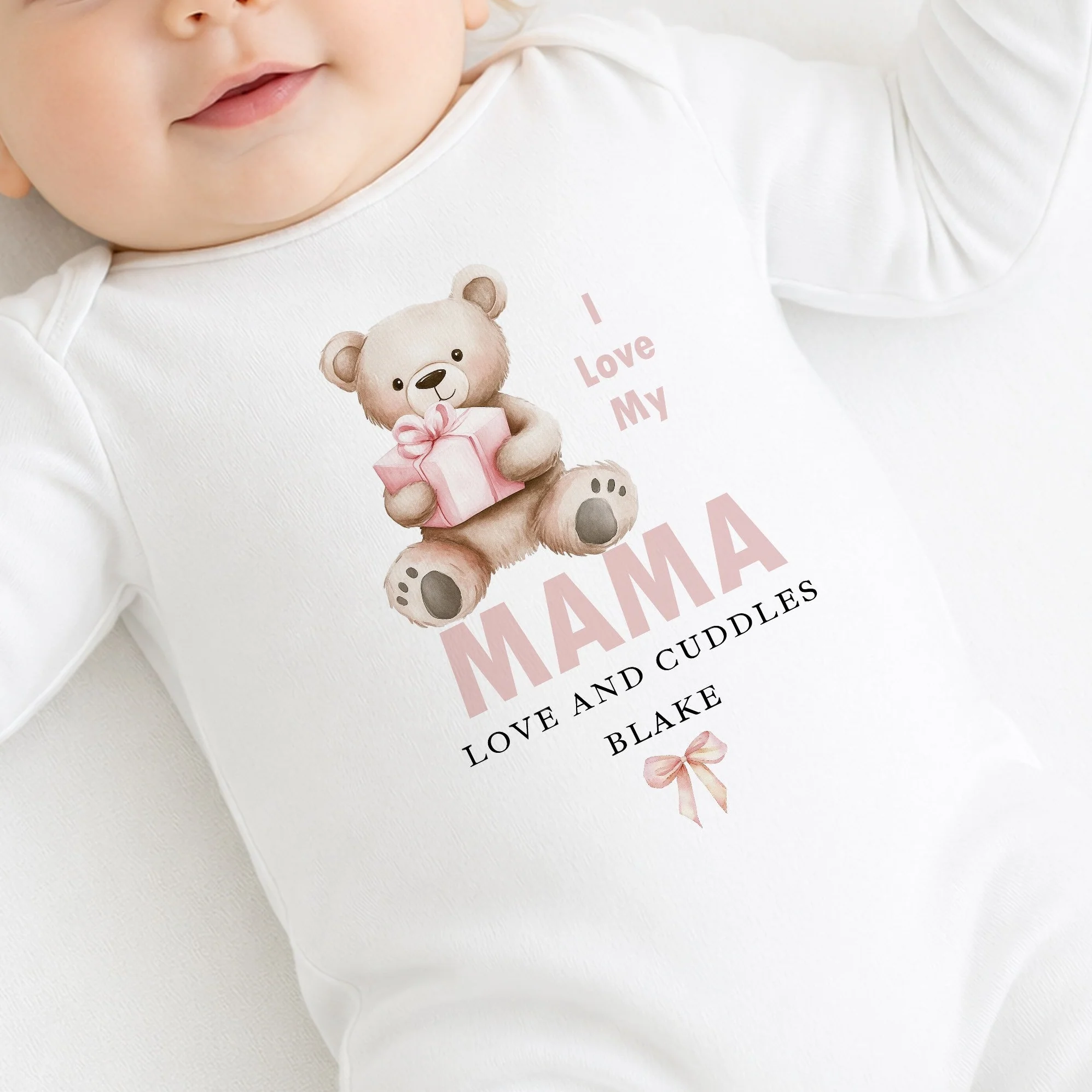 Personalised Pink Bear I Love My Mama Baby Grow, Vest or Bib