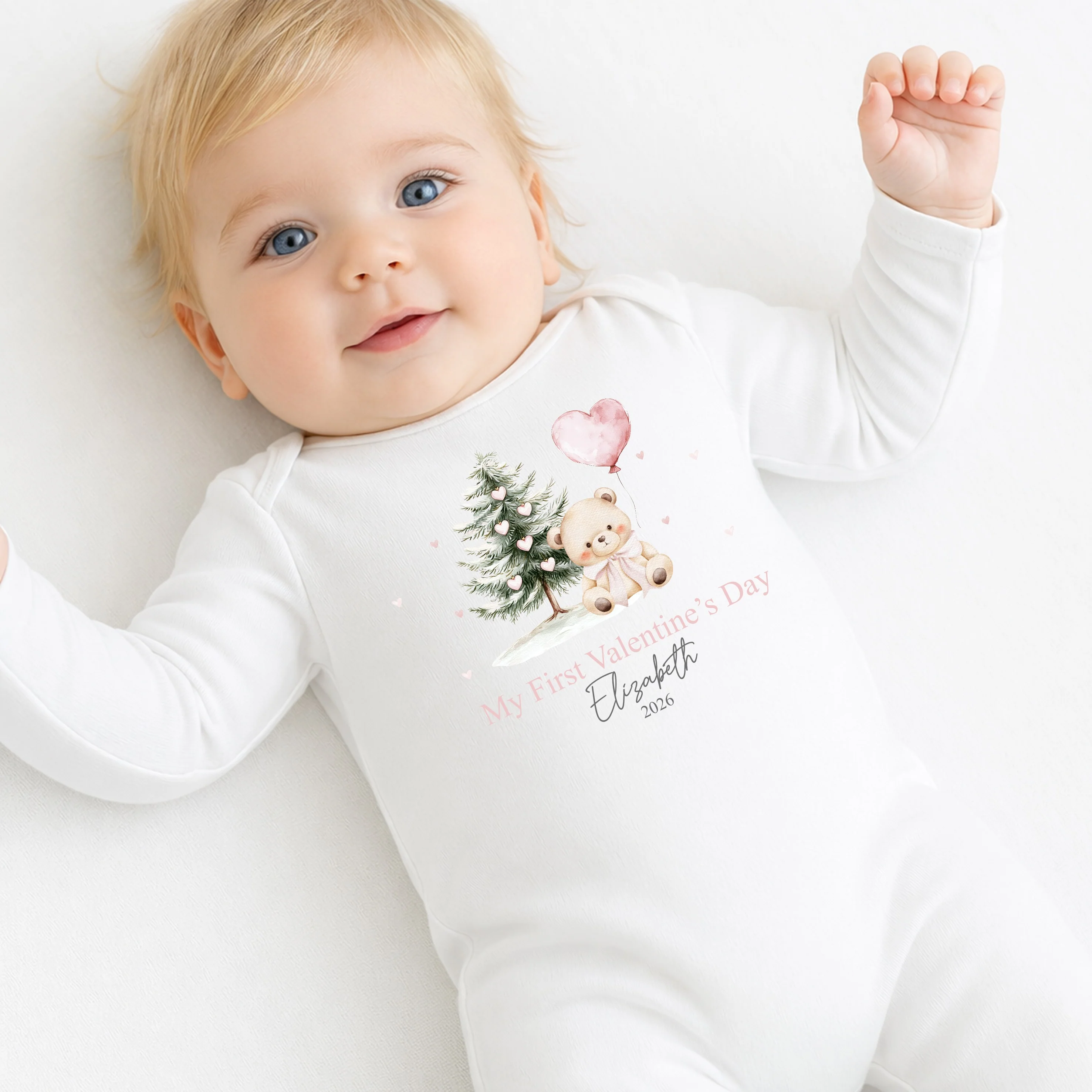 Personalised Pink Bear My First Valentines Day Baby Grow, Vest or Bib - Image 2