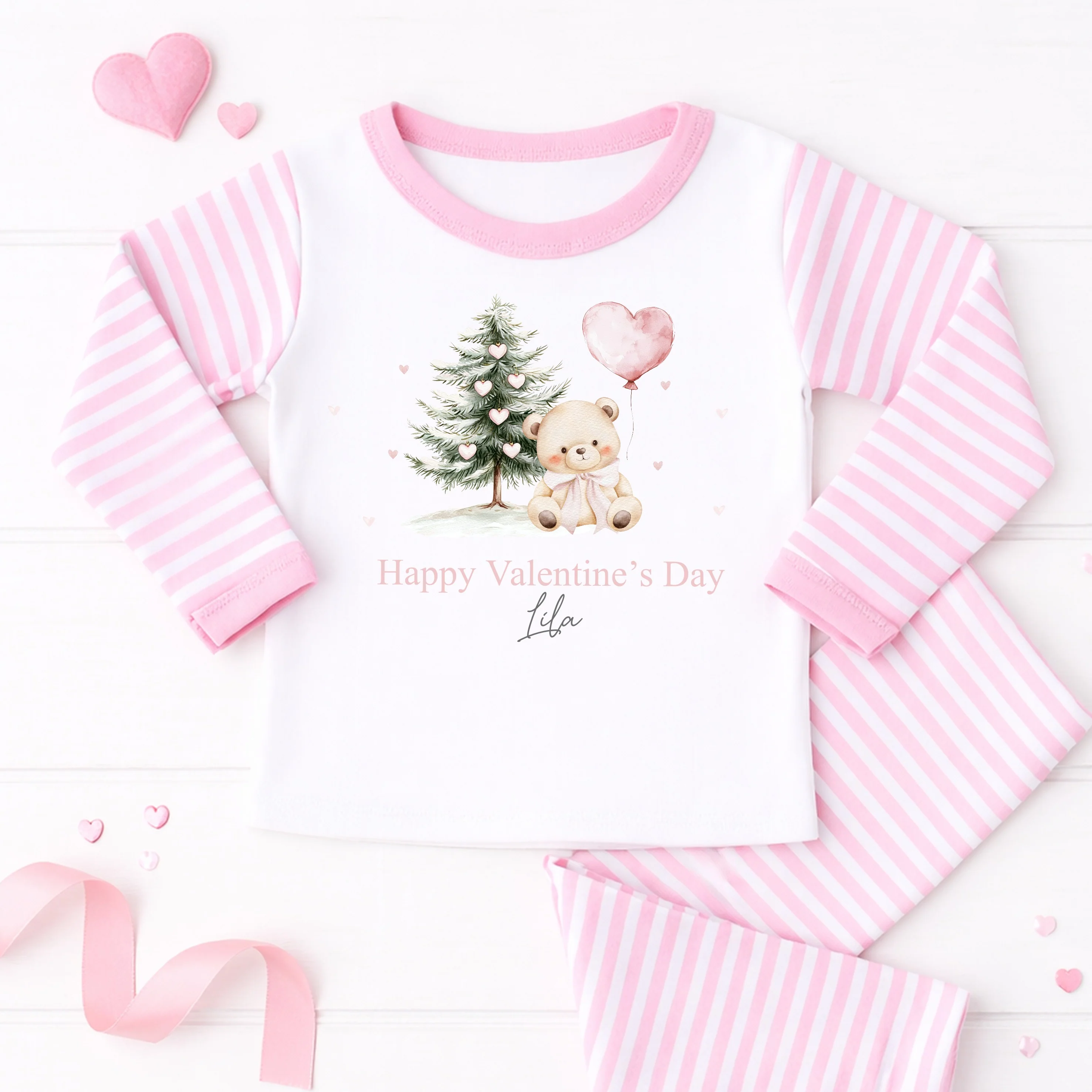 Personalised Pink Bear My First Valentine's Day Pink Stripe Pyjamas