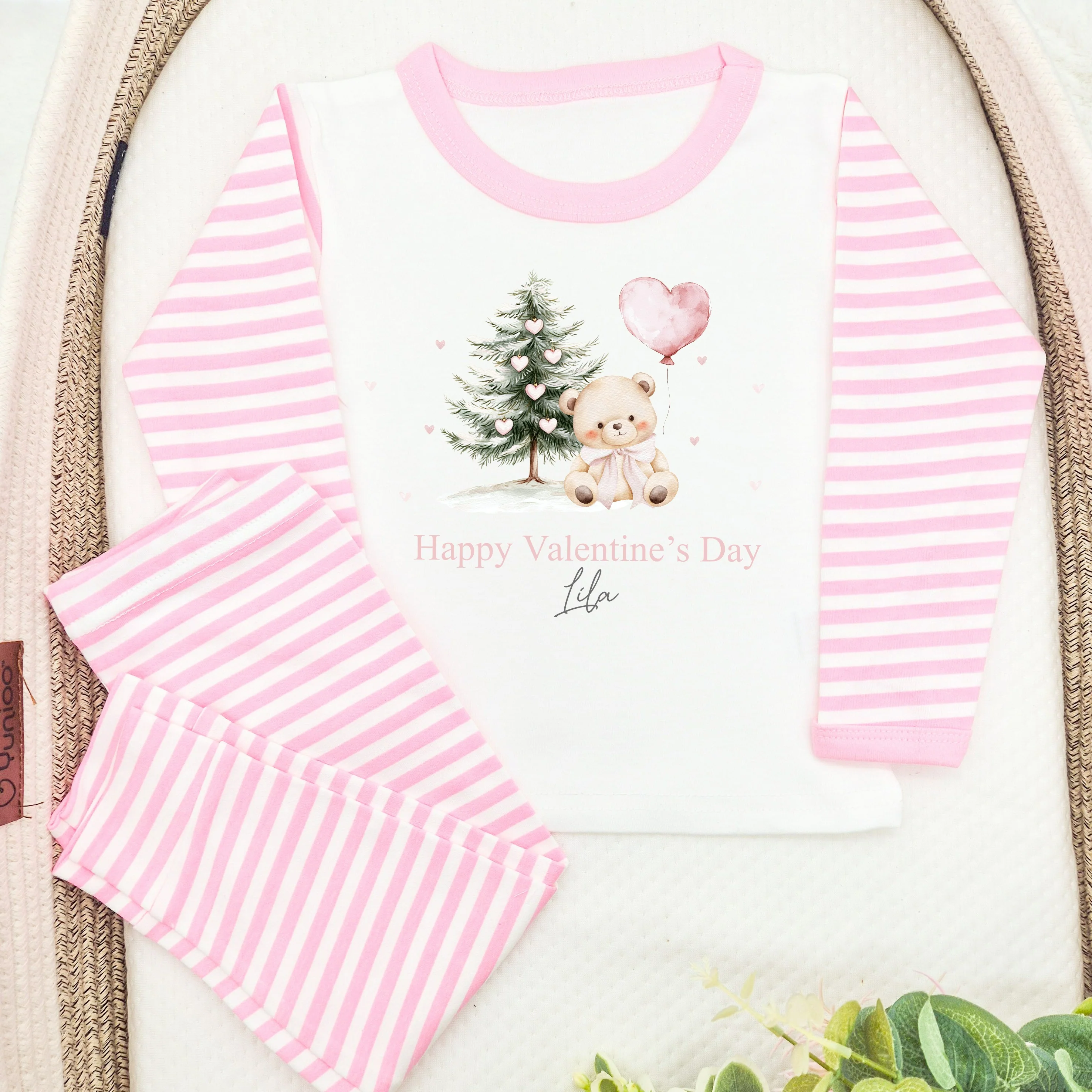 Personalised Pink Bear My First Valentine's Day Pink Stripe Pyjamas - Image 2