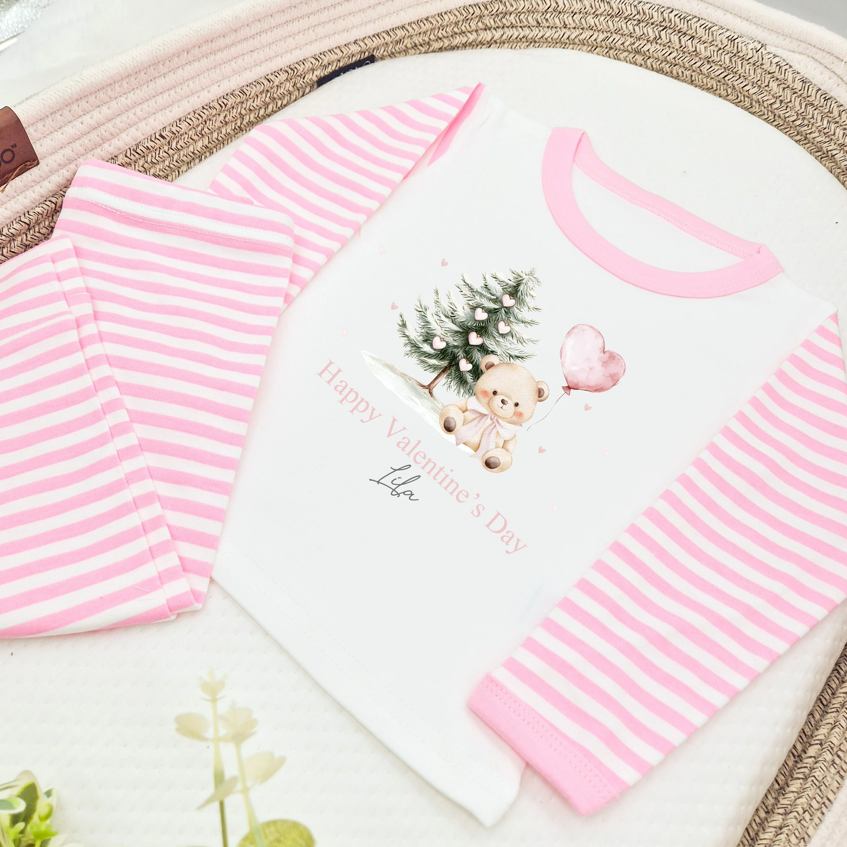 Personalised Pink Bear My First Valentine's Day Pink Stripe Pyjamas - Image 4