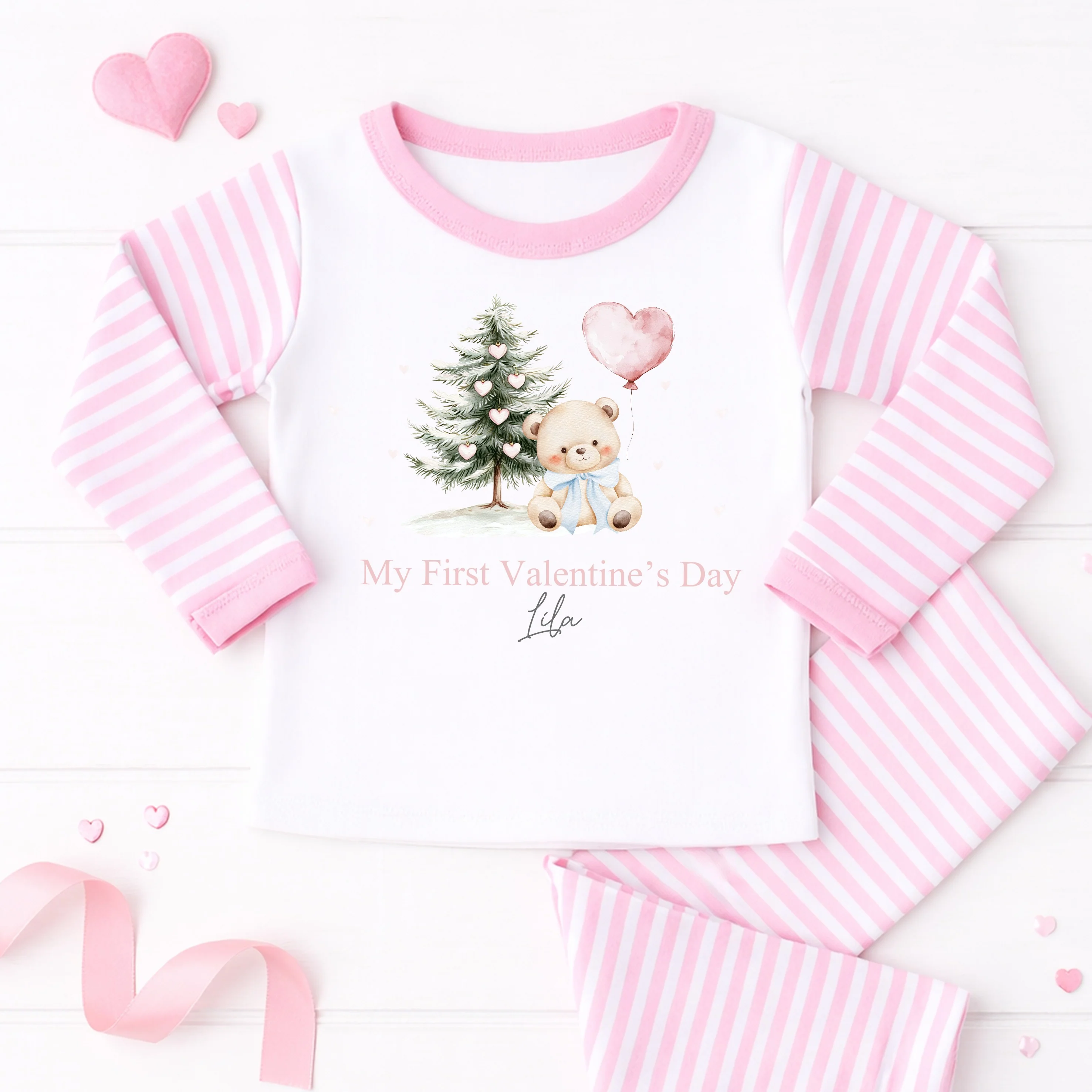 Personalised Pink Bear My First Valentine's Day Pink Stripe Pyjamas - Image 5