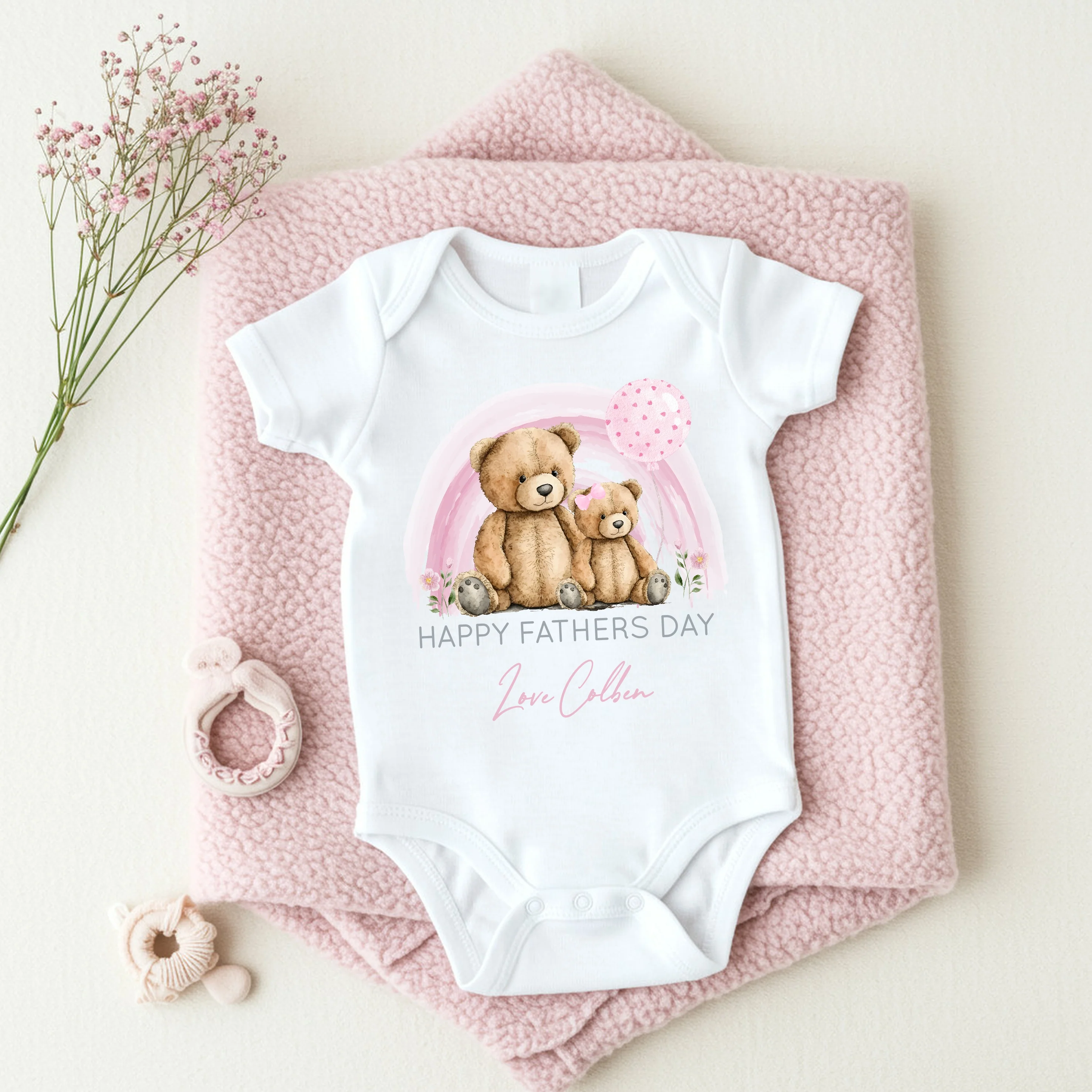 Personalised Pink Bear Rainbow Happy Father's Day Baby Grow or Vest - Image 3