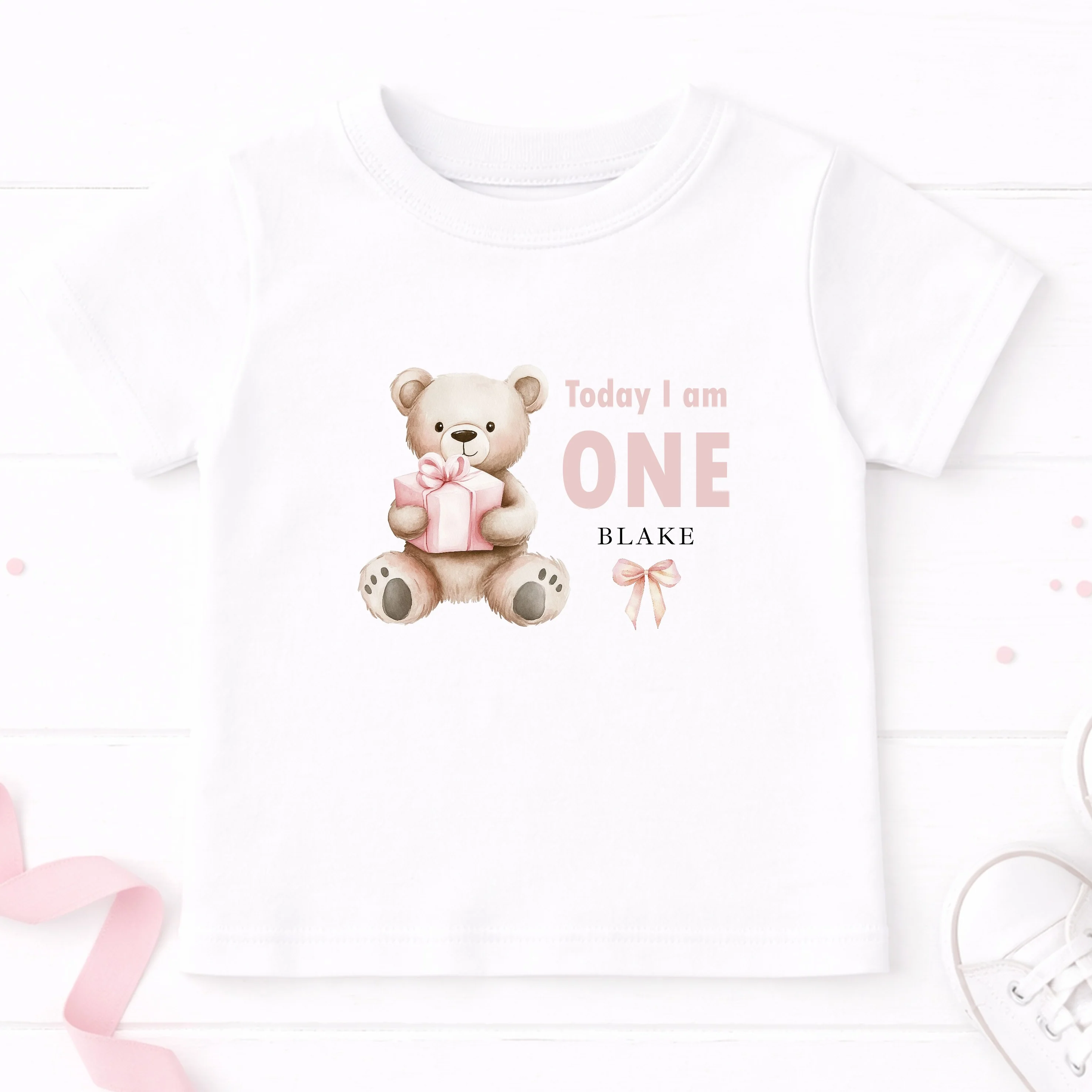 Personalised Pink Bear Today I Am One First Birthday T-Shirt