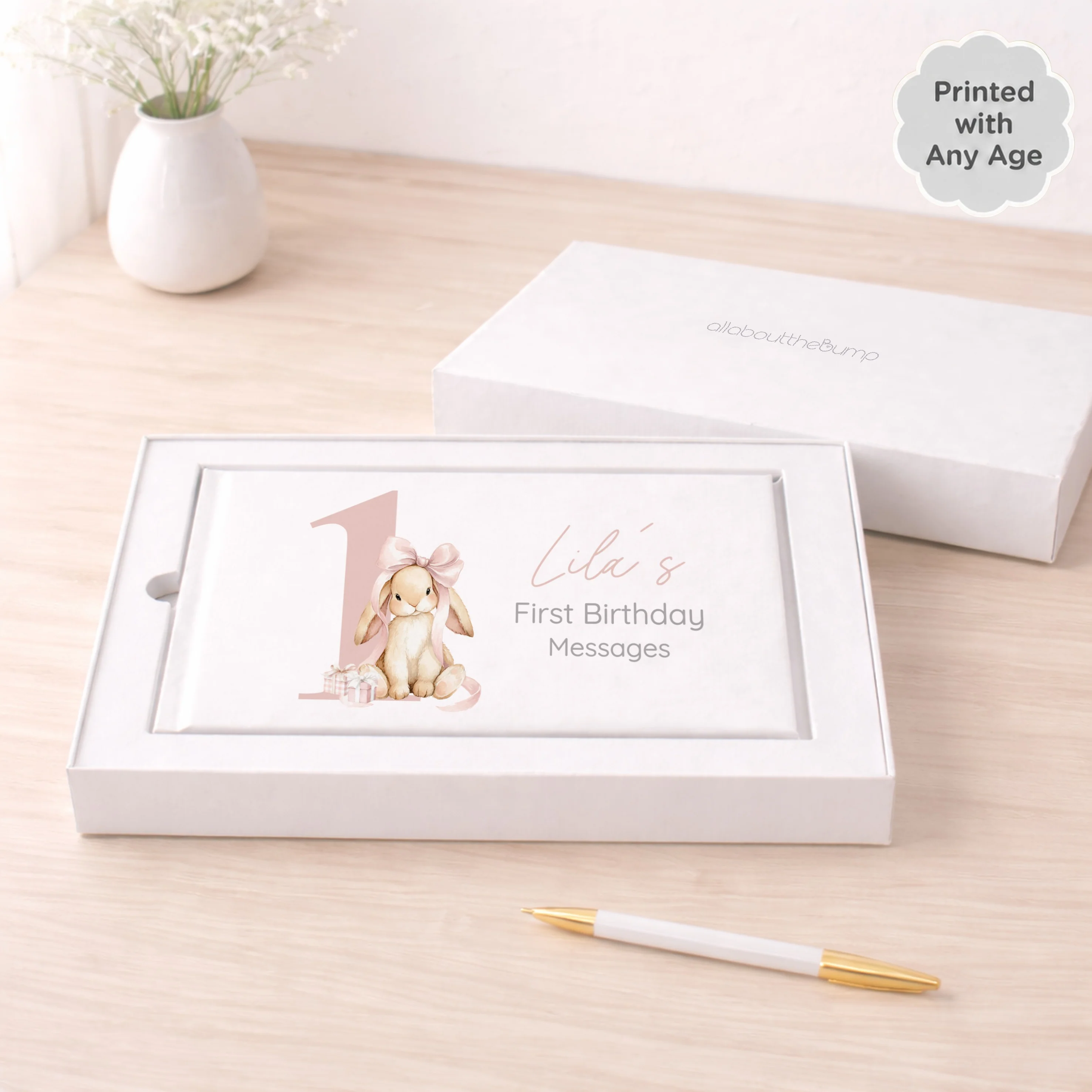 Personalised Pink Bow Bunny Any Age Birthday Guest Book