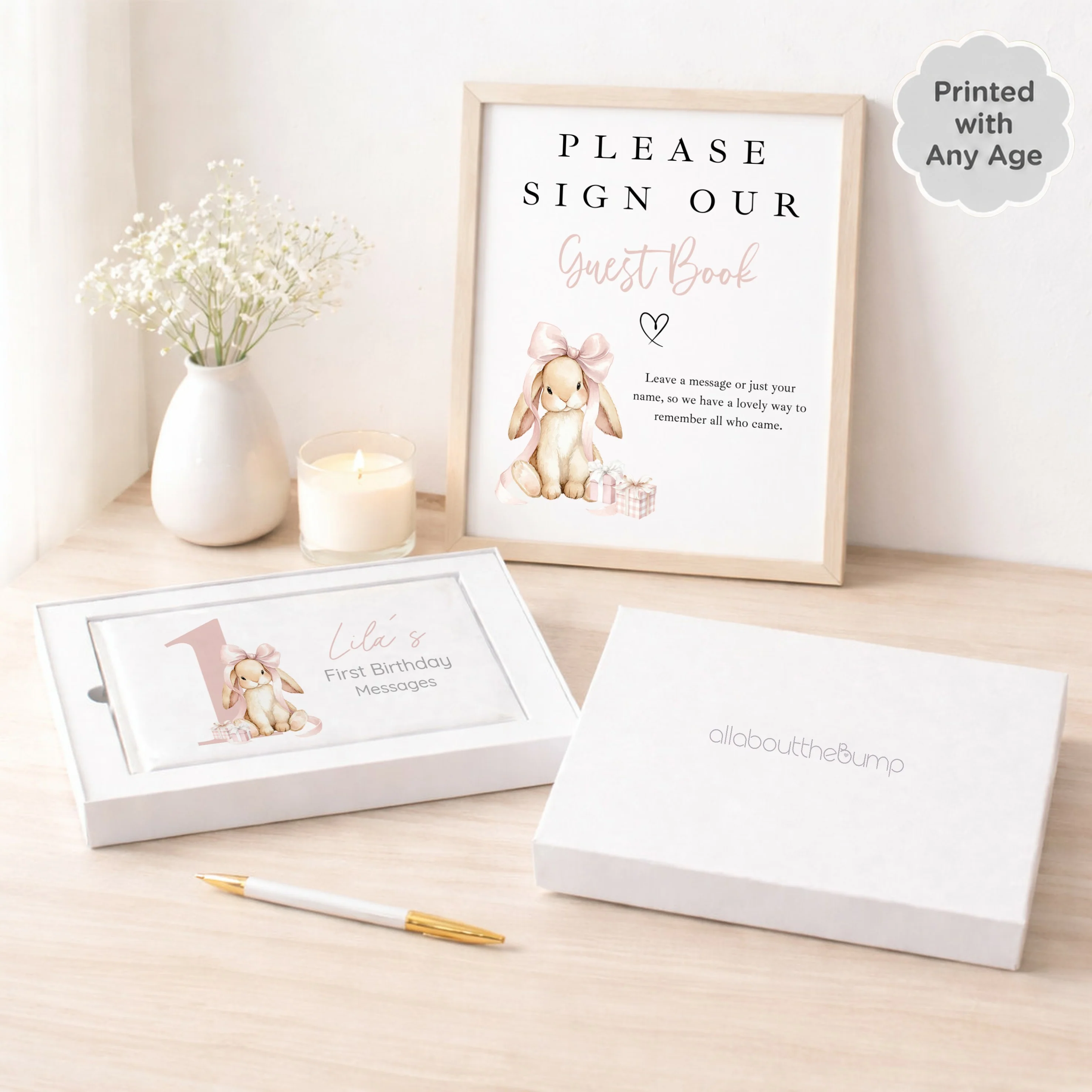 Personalised Pink Bow Bunny Any Age Birthday Guest Book - Image 2