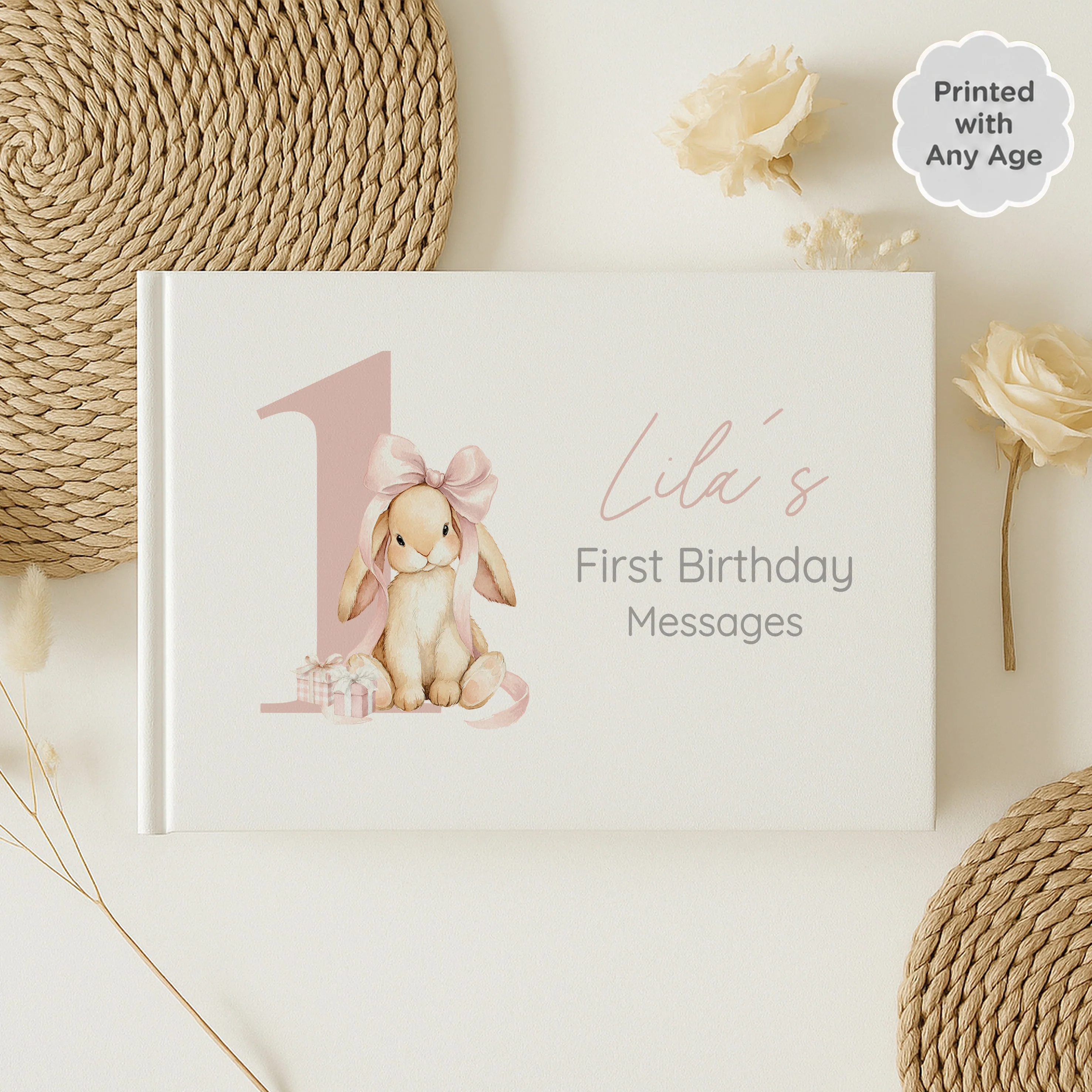 Personalised Pink Bow Bunny Any Age Birthday Guest Book - Image 3
