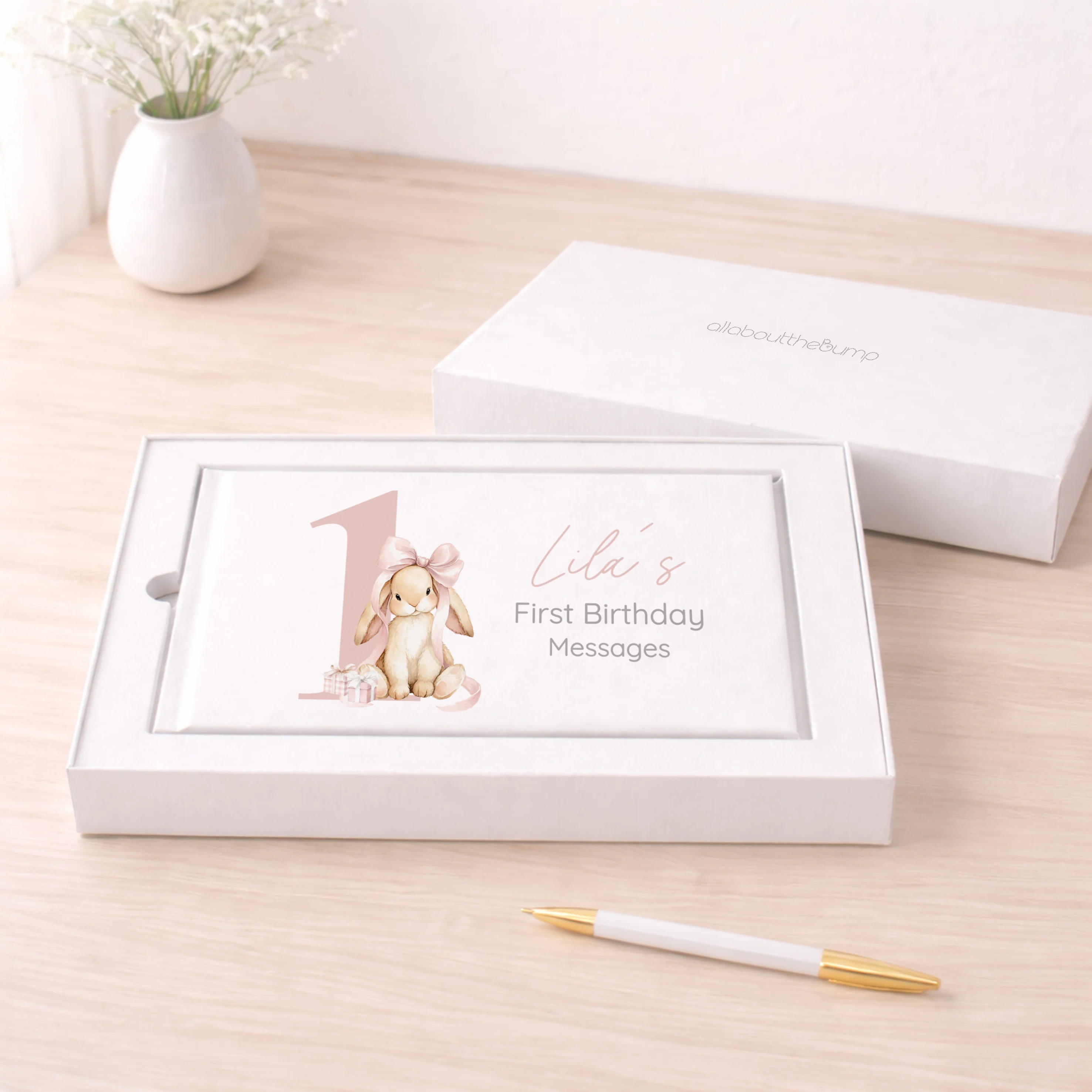 Personalised Pink Bow Bunny First Birthday Guest Book - Image 3