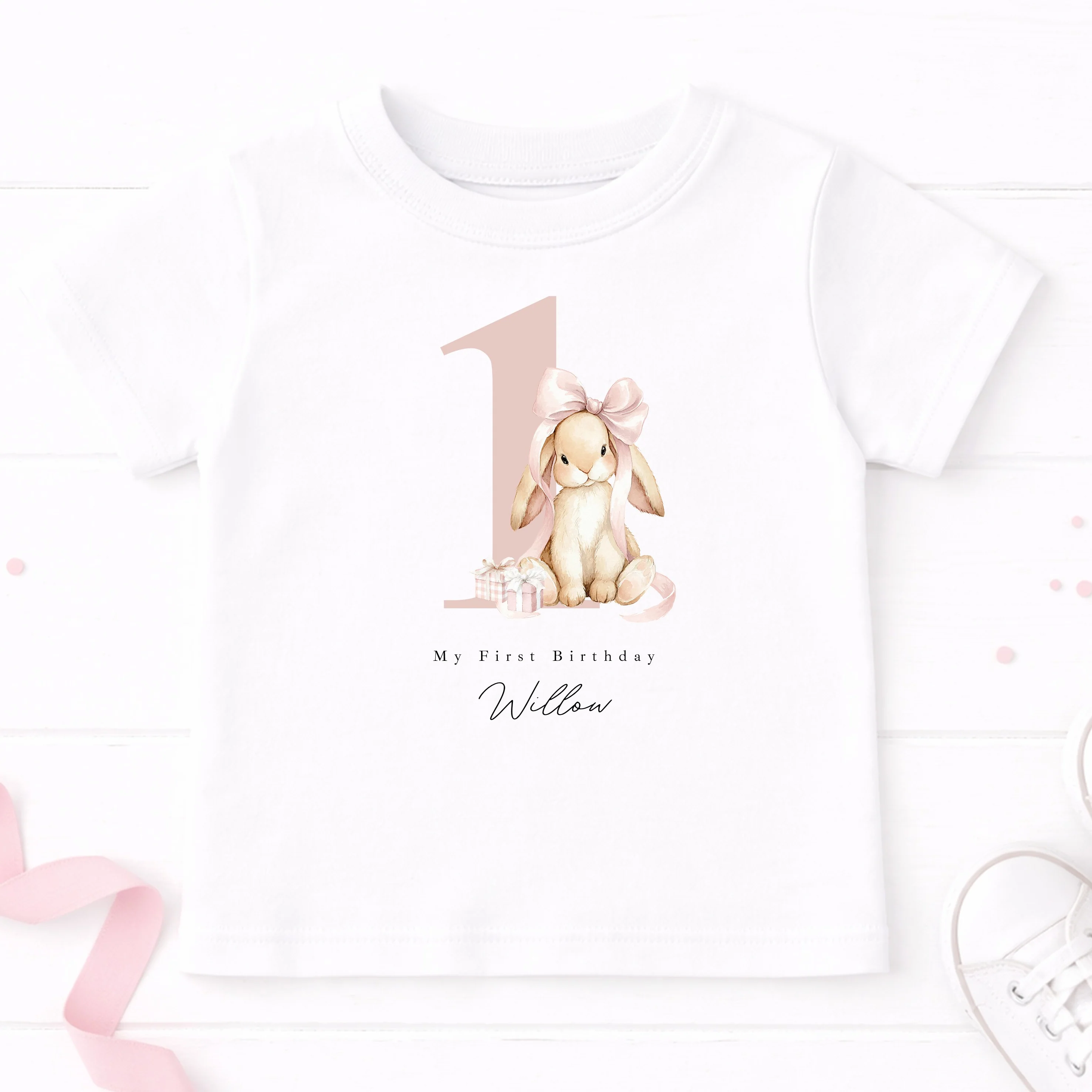 Personalised Pink Bow Bunny First Birthday T-Shirt - Image 2