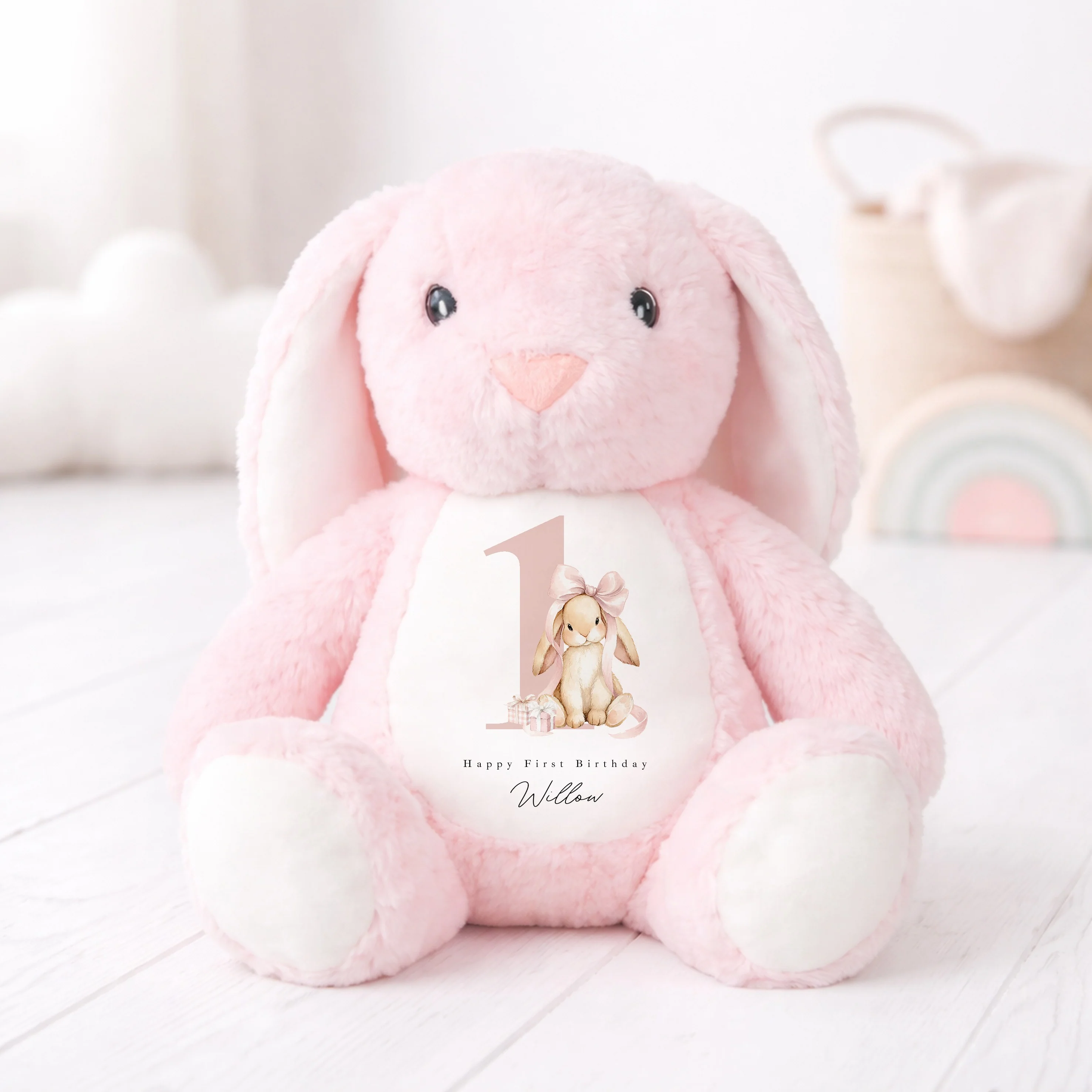 Personalised Pink Bow Bunny First Birthday Teddy
