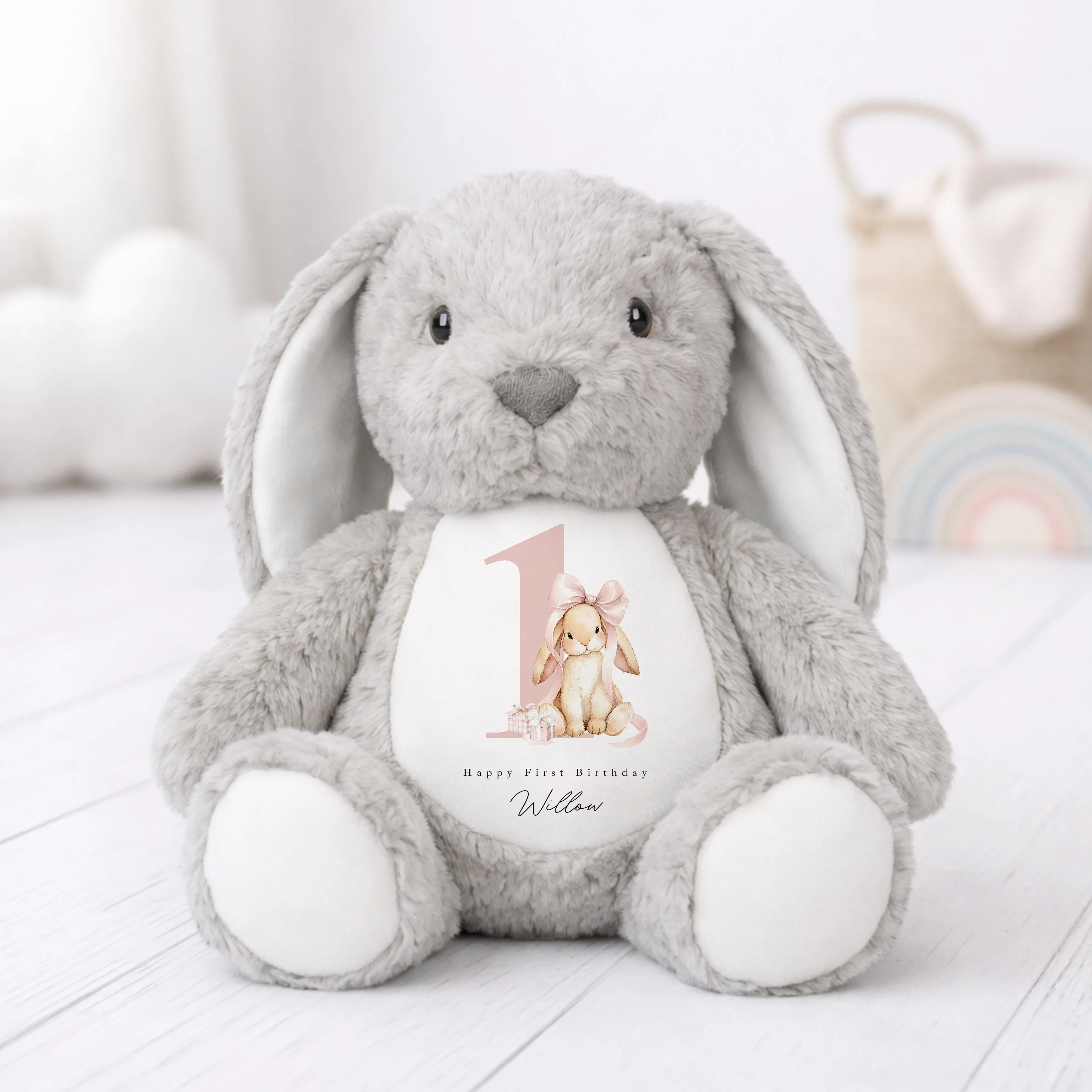 Personalised Pink Bow Bunny First Birthday Teddy - Image 3