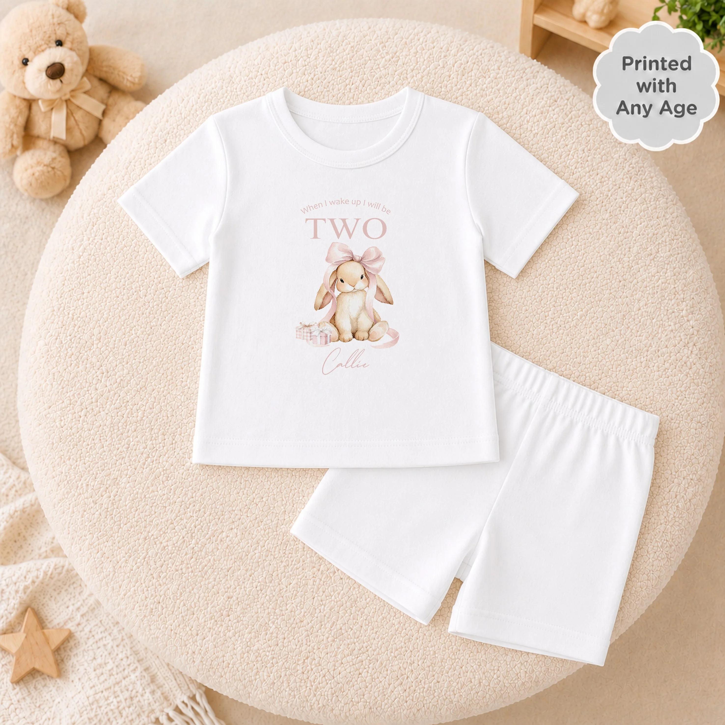 Personalised Pink Bow Bunny Short Sleeve Any Age Birthday Pyjamas - Image 2