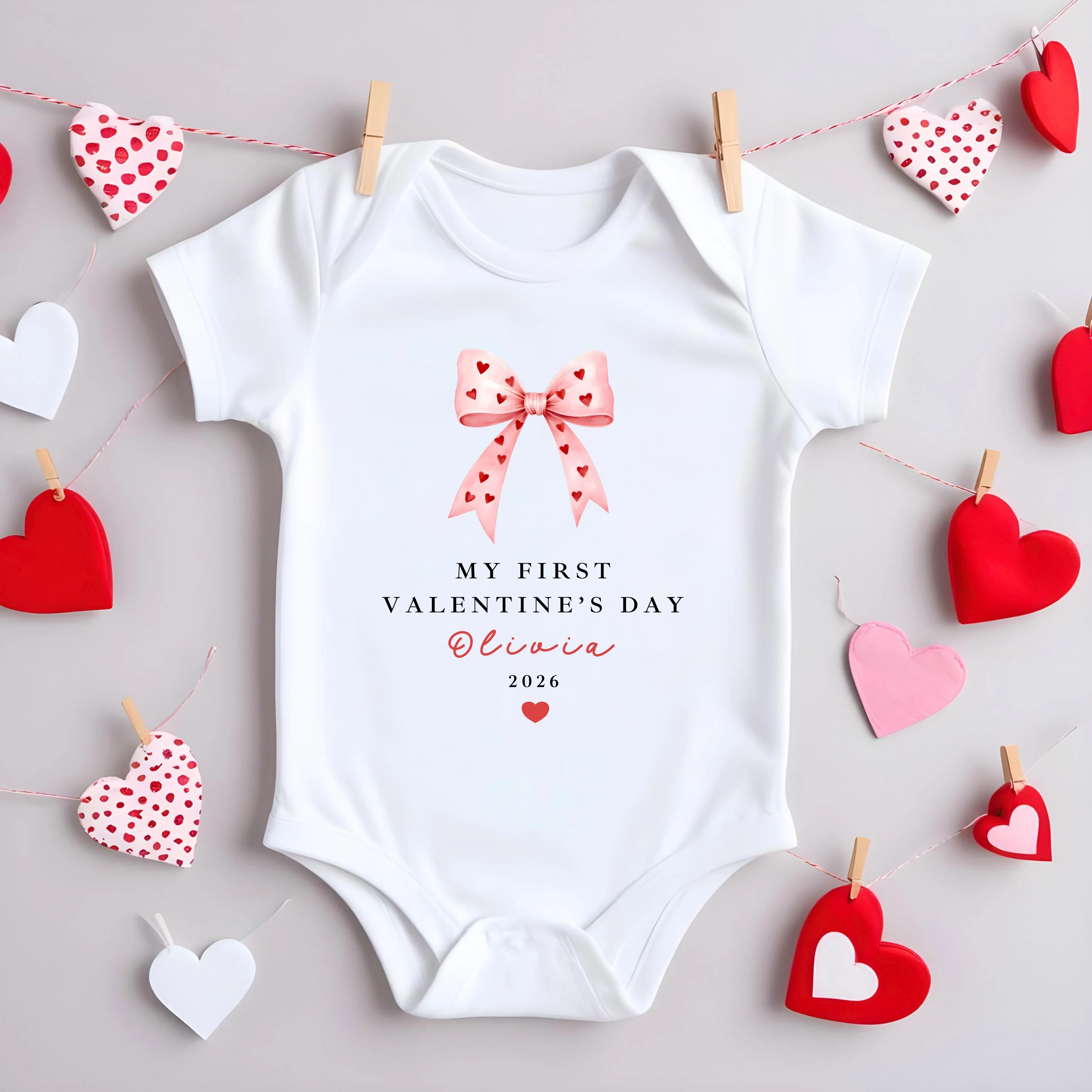 Personalised Pink Bow My First Valentines Day Baby Grow, Vest or Bib