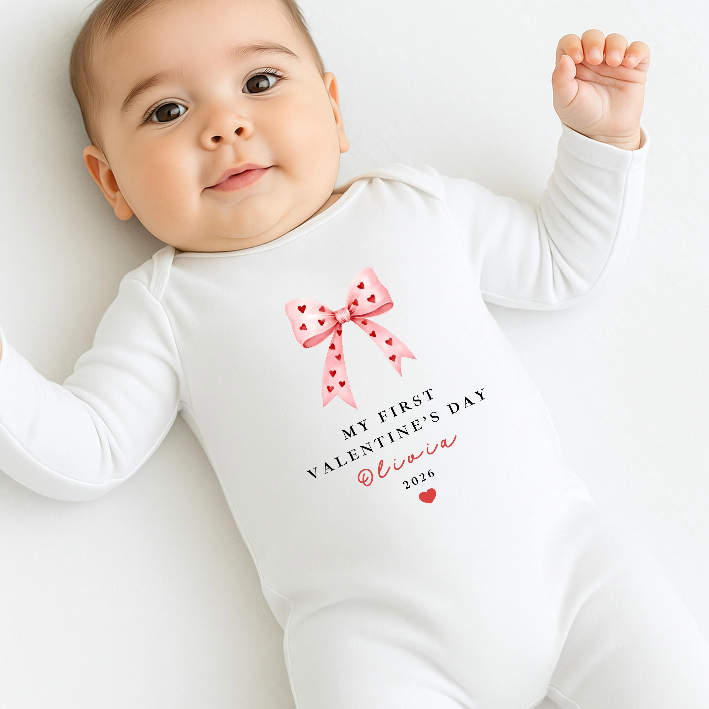 Personalised Pink Bow My First Valentines Day Baby Grow, Vest or Bib - Image 2