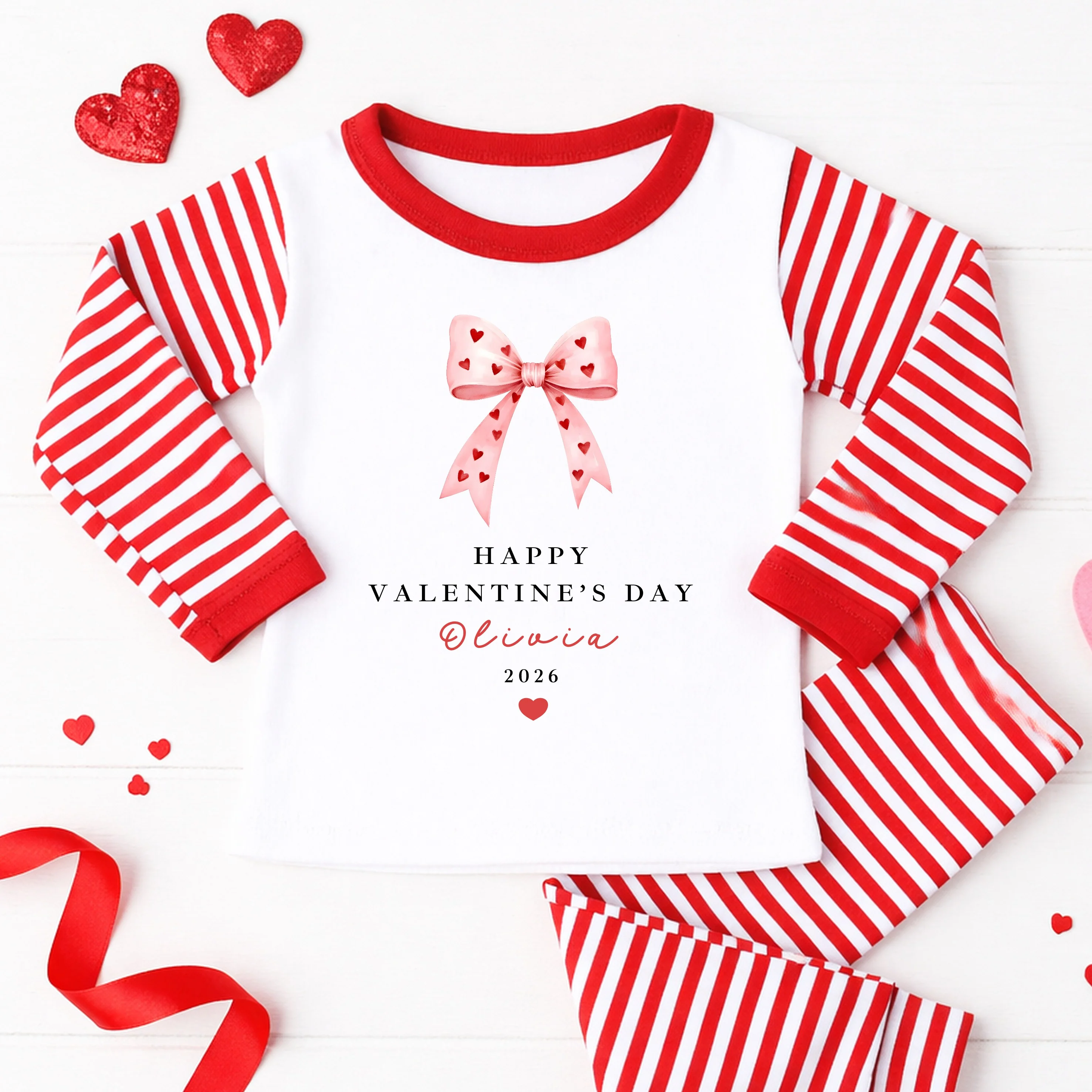 Personalised Pink Bow My First Valentine's Day Red Stripe Pyjamas - Image 3