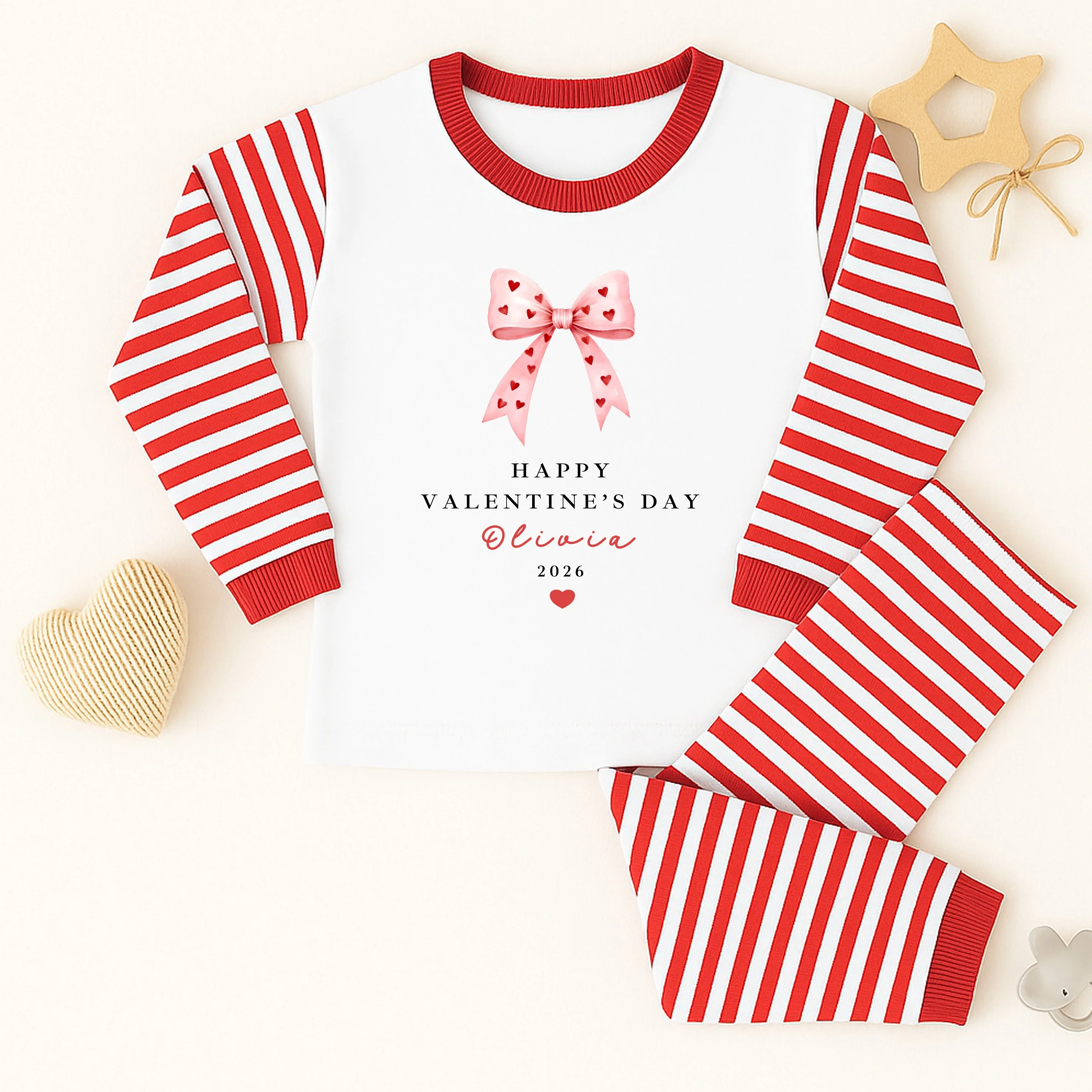 Personalised Pink Bow My First Valentine's Day Red Stripe Pyjamas - Image 4