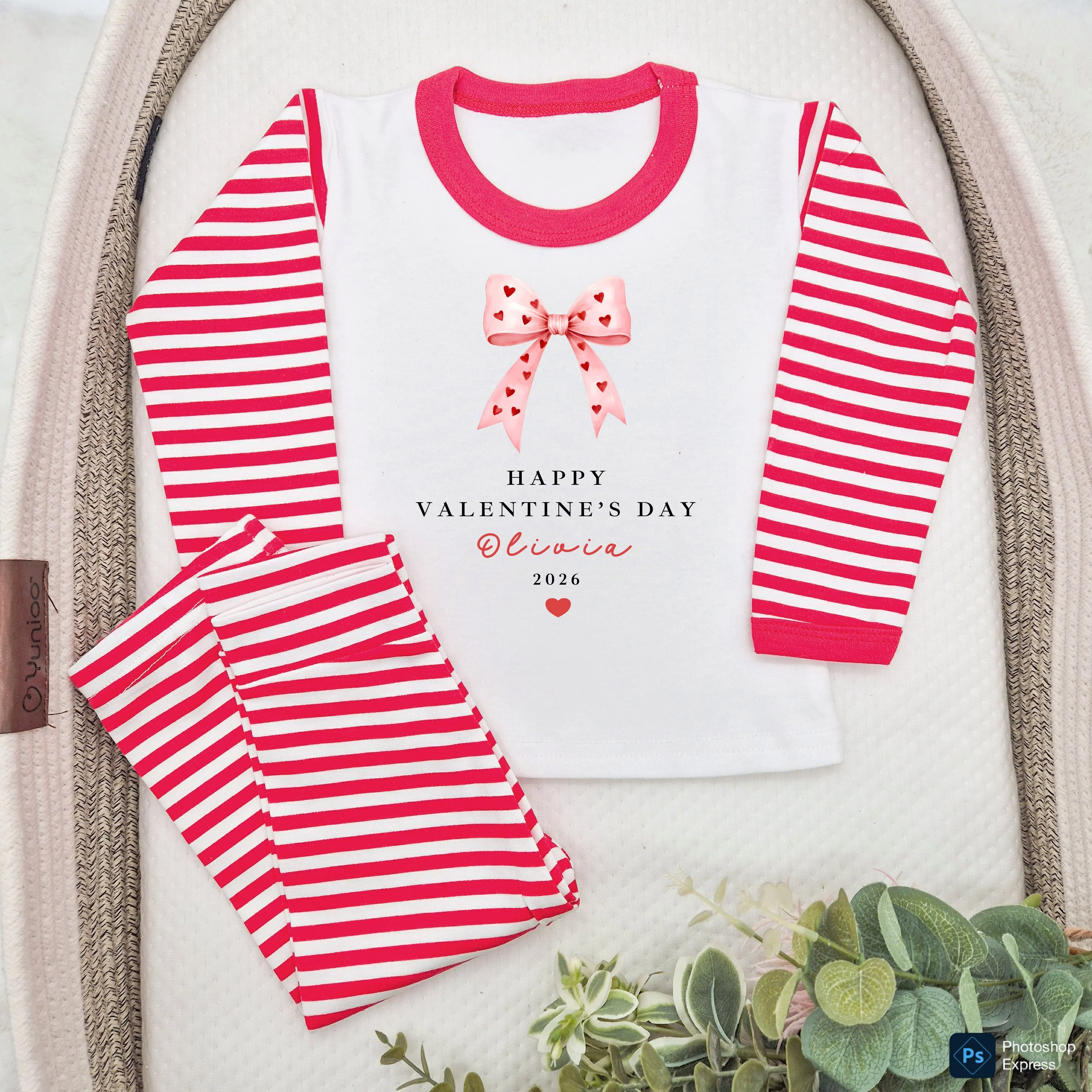 Personalised Pink Bow My First Valentine's Day Red Stripe Pyjamas - Image 5