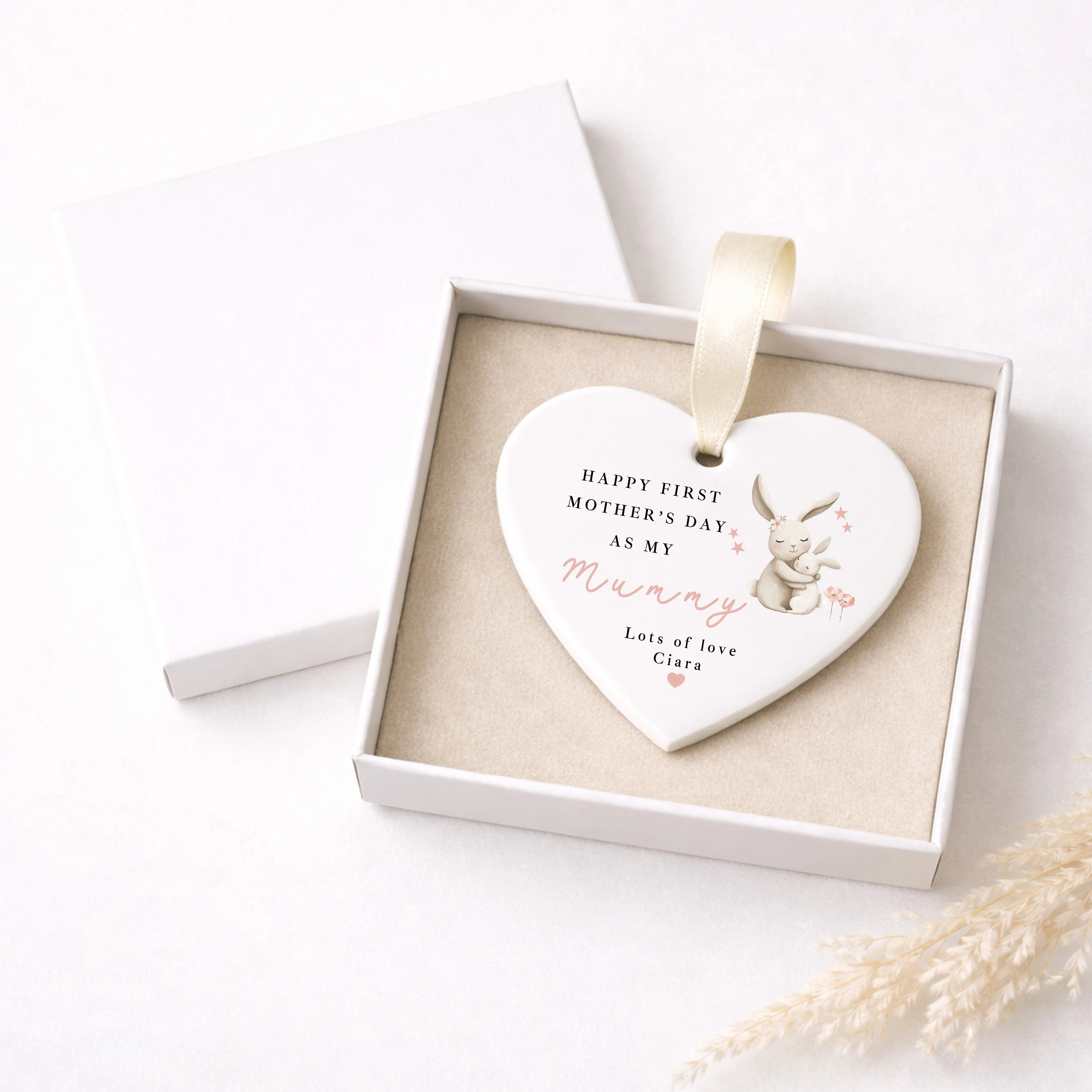 Personalised Pink Bunny Happy First Mother's Day Ceramic Ornament - Image 2