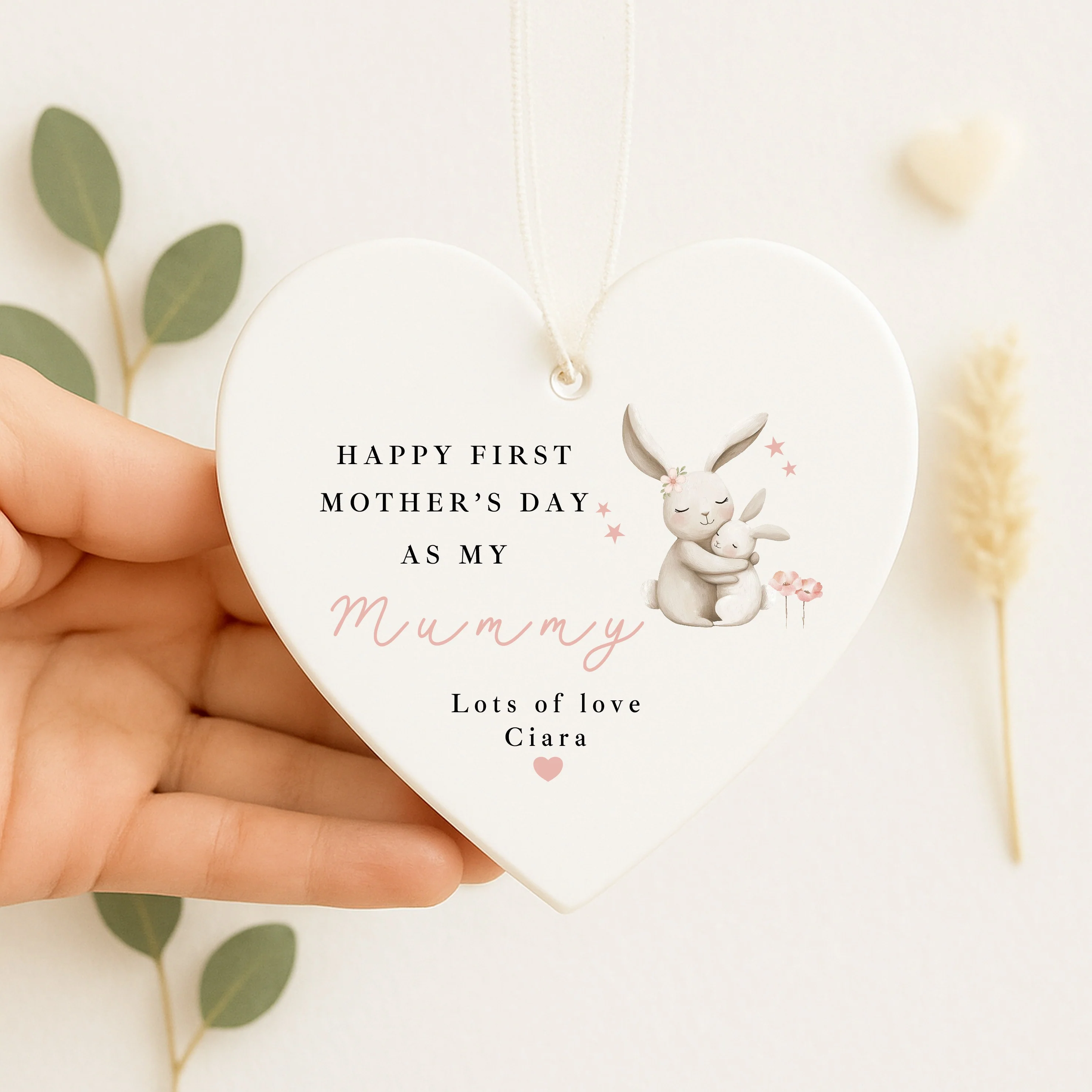 Personalised Pink Bunny Happy First Mother's Day Ceramic Ornament - Image 3