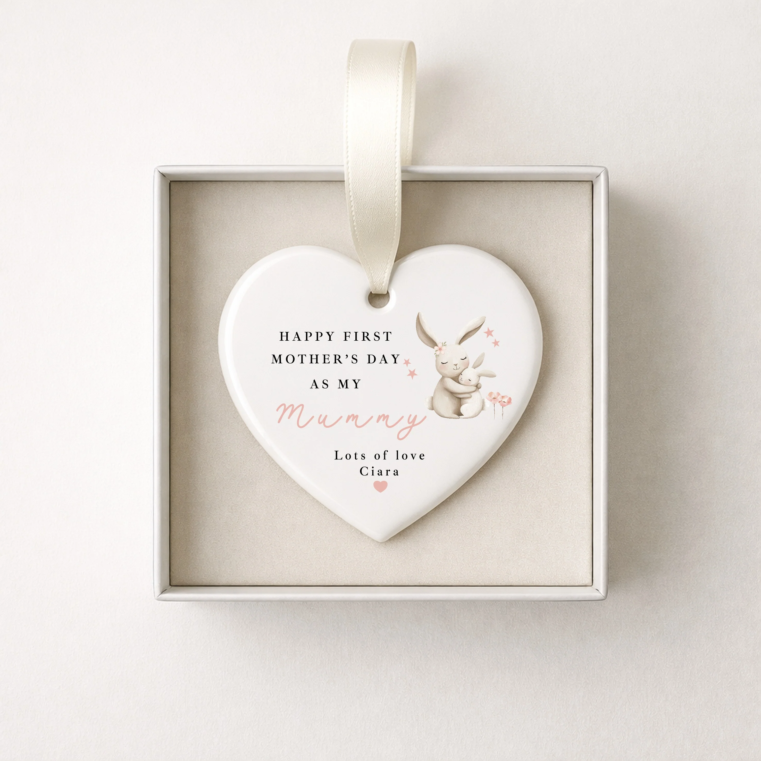 Personalised Pink Bunny Happy First Mother's Day Ceramic Ornament - Image 4
