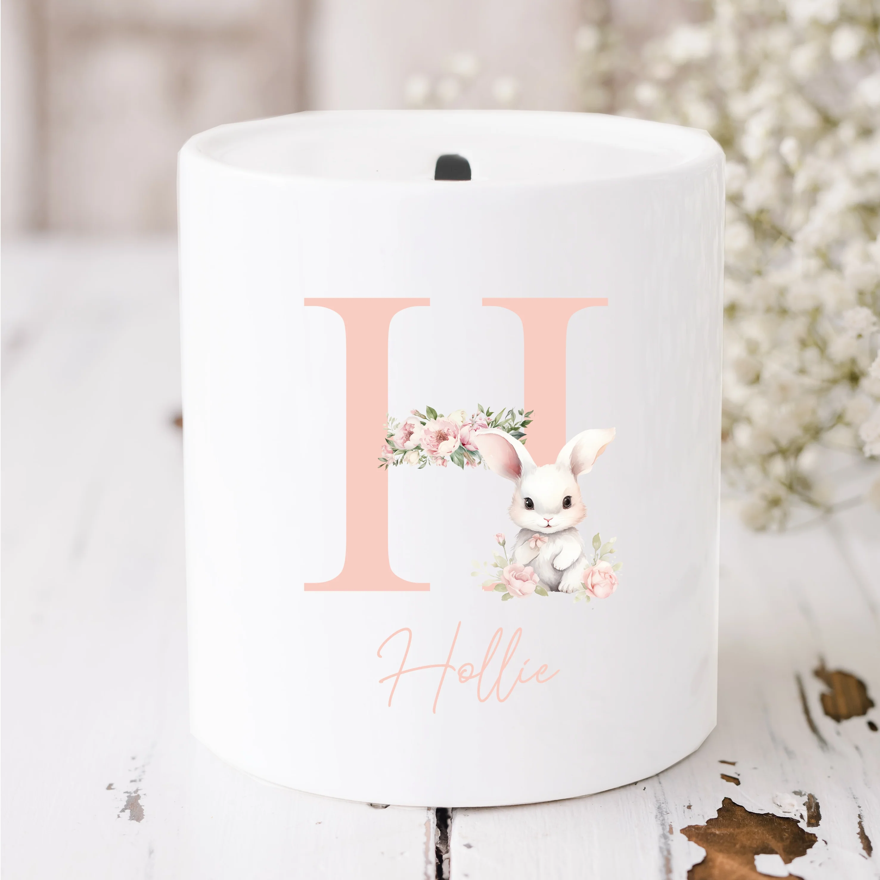 Personalised Pink Bunny Initial Ceramic Money Box