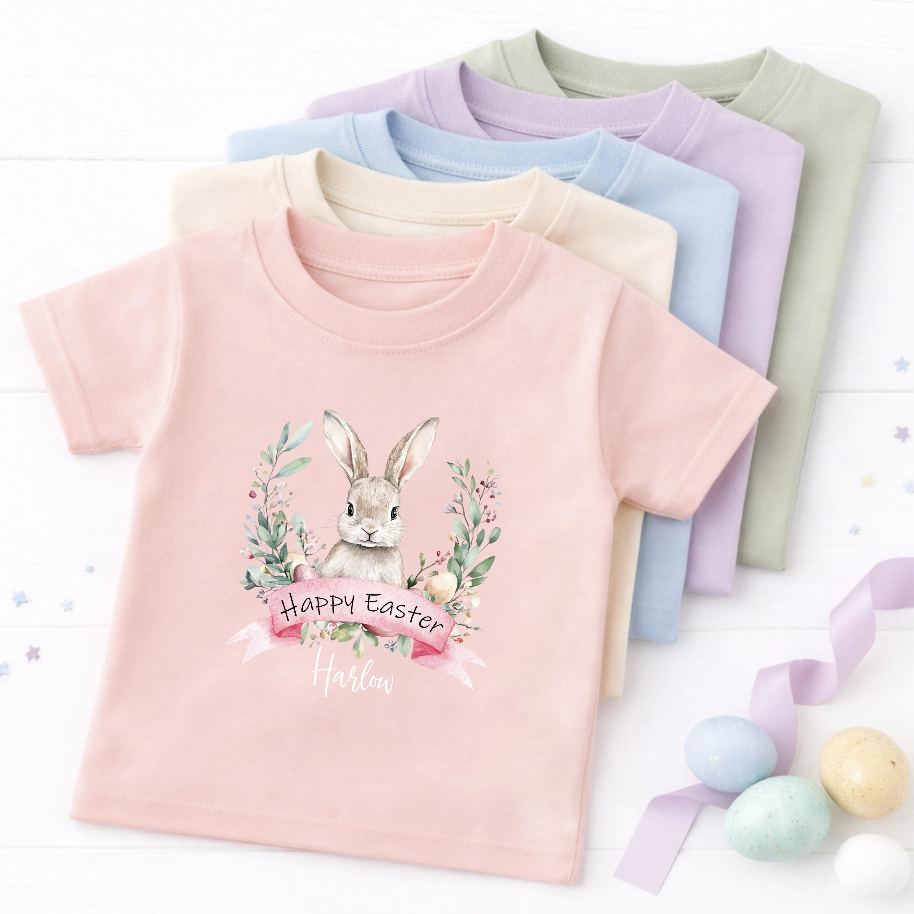 Personalised Pink Bunny Wreath Easter T-shirt