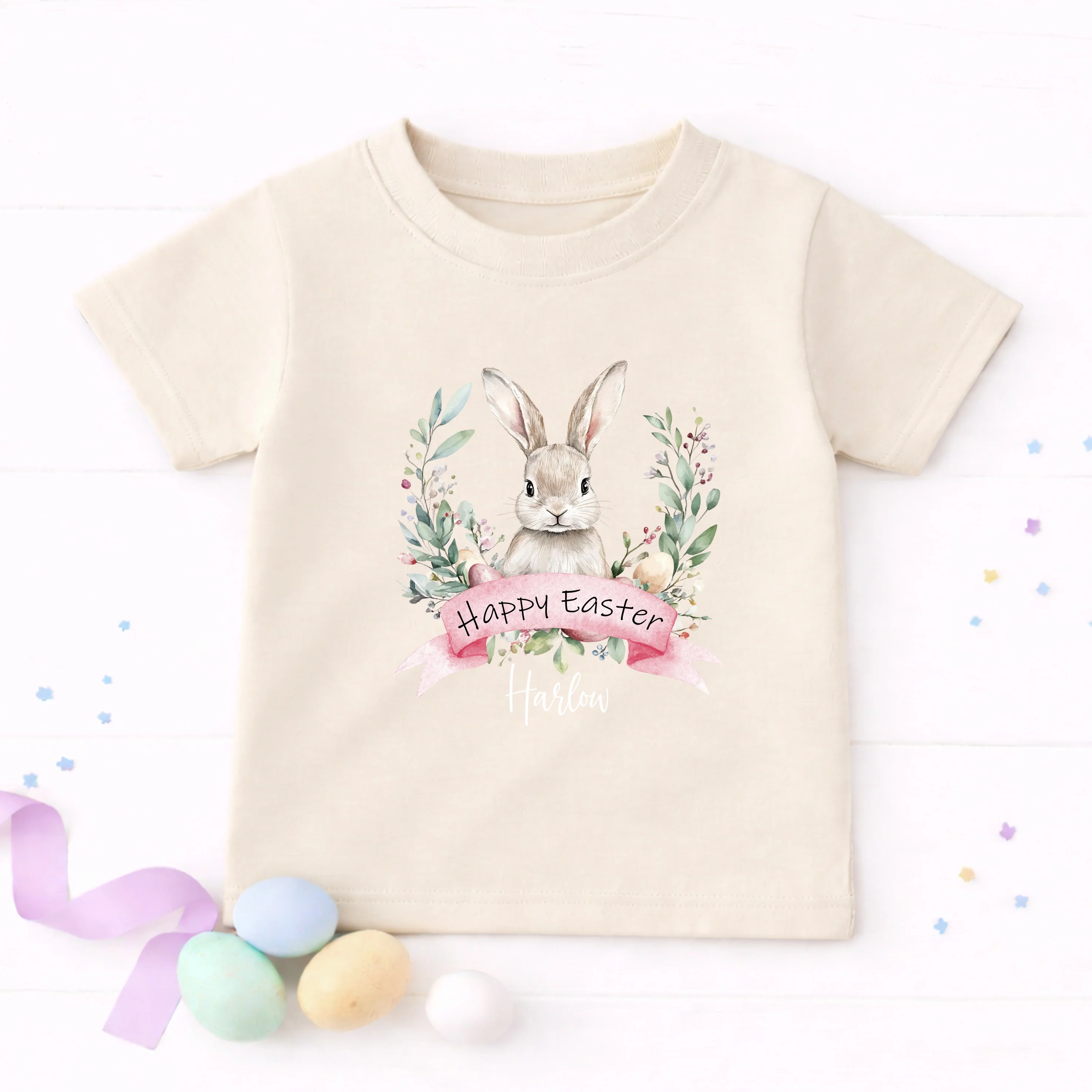 Personalised Pink Bunny Wreath Easter T-shirt - Image 2
