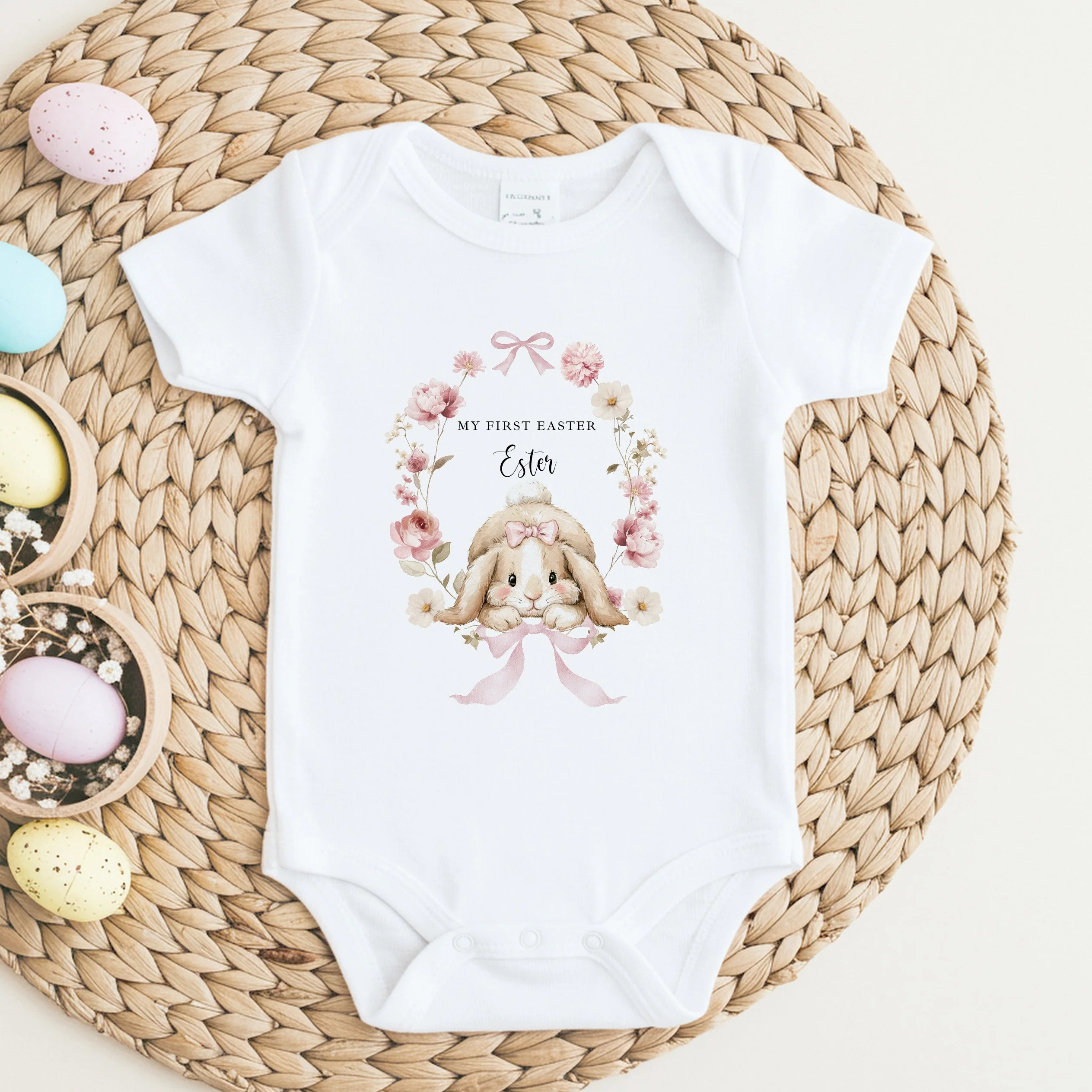 Personalised Pink Bunny Wreath My First Easter Baby Grow, Vest or Bib - Image 2