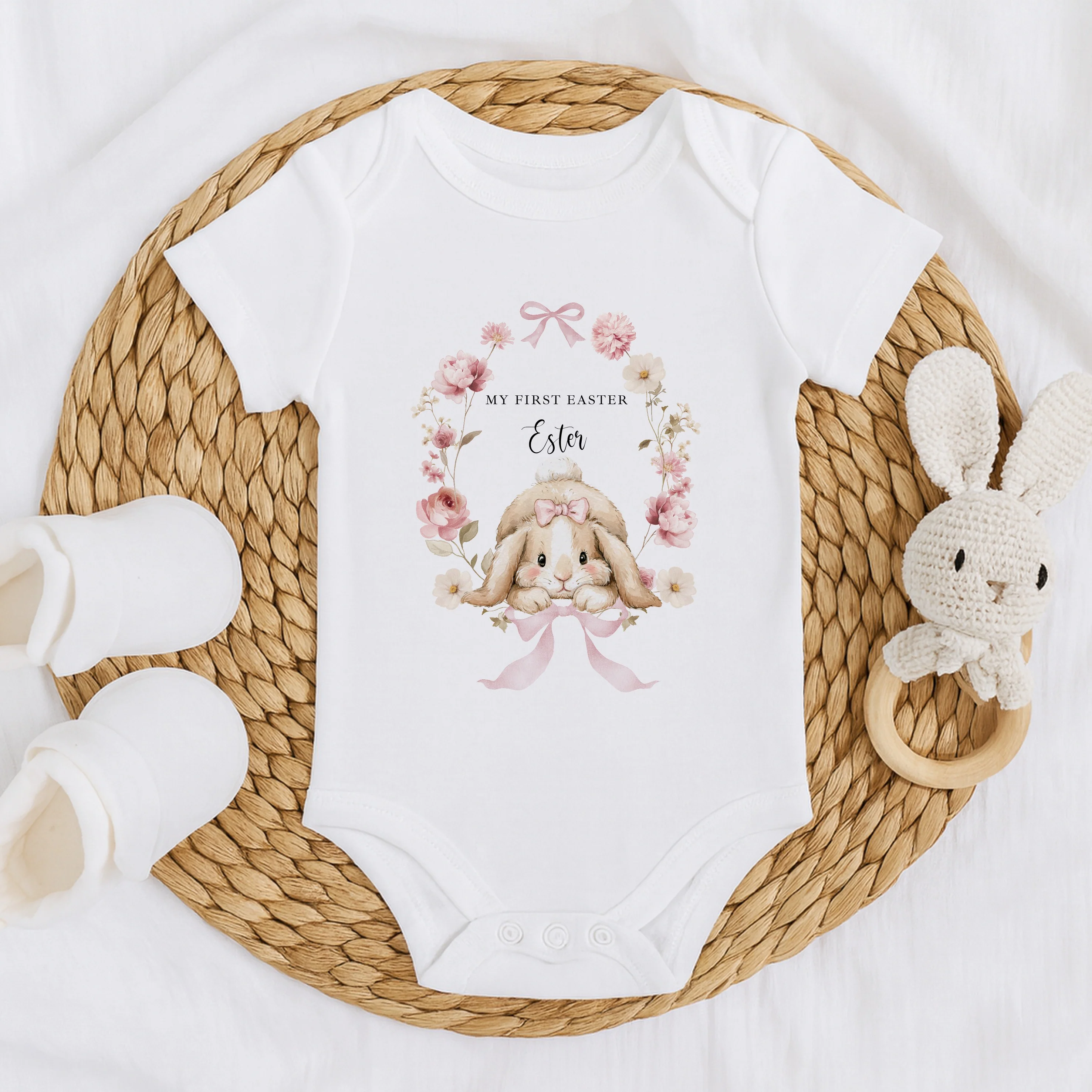 Personalised Pink Bunny Wreath My First Easter Baby Grow, Vest or Bib - Image 5