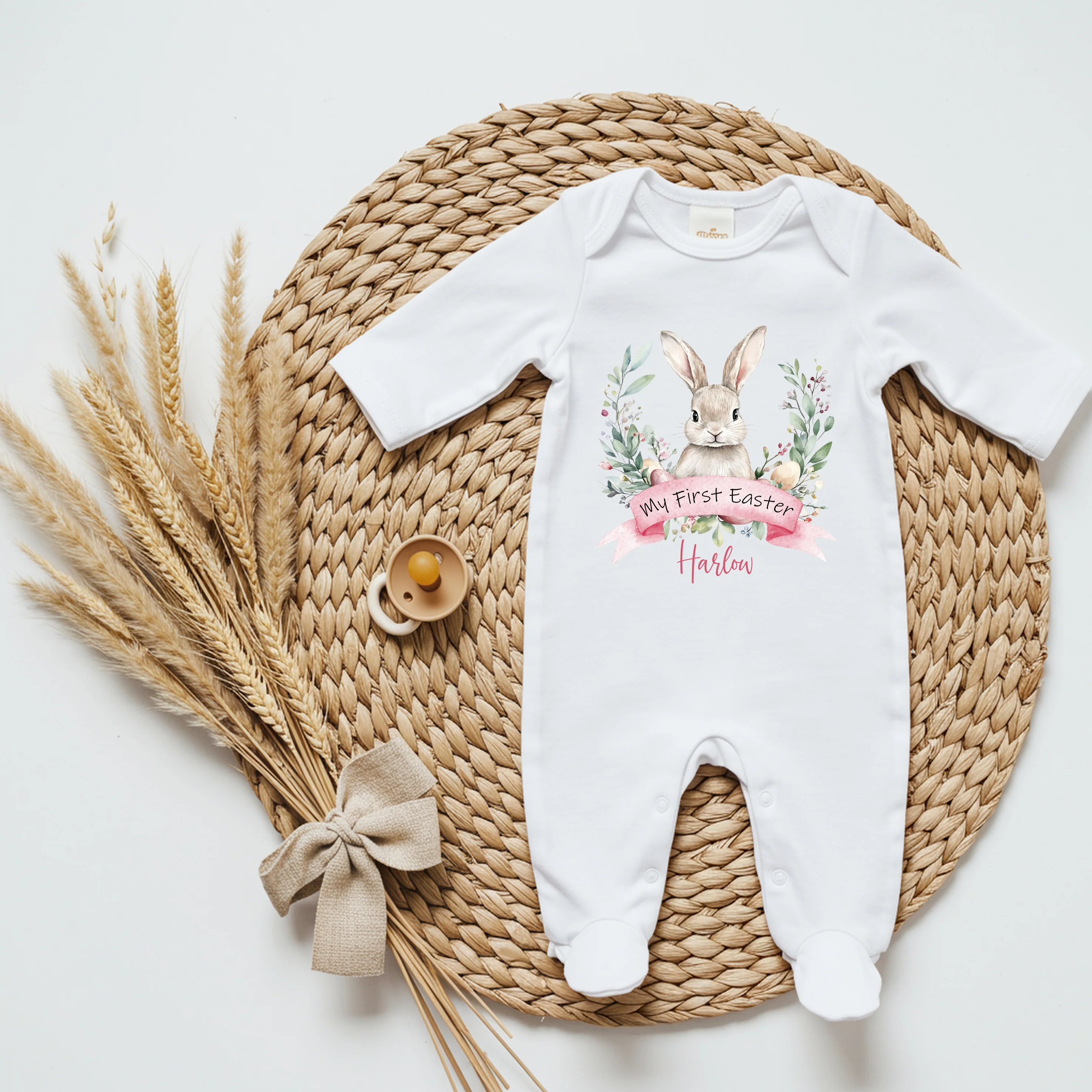 Personalised Pink Bunny Wreath My First Easter Baby Grow, Vest or Bib - Image 4