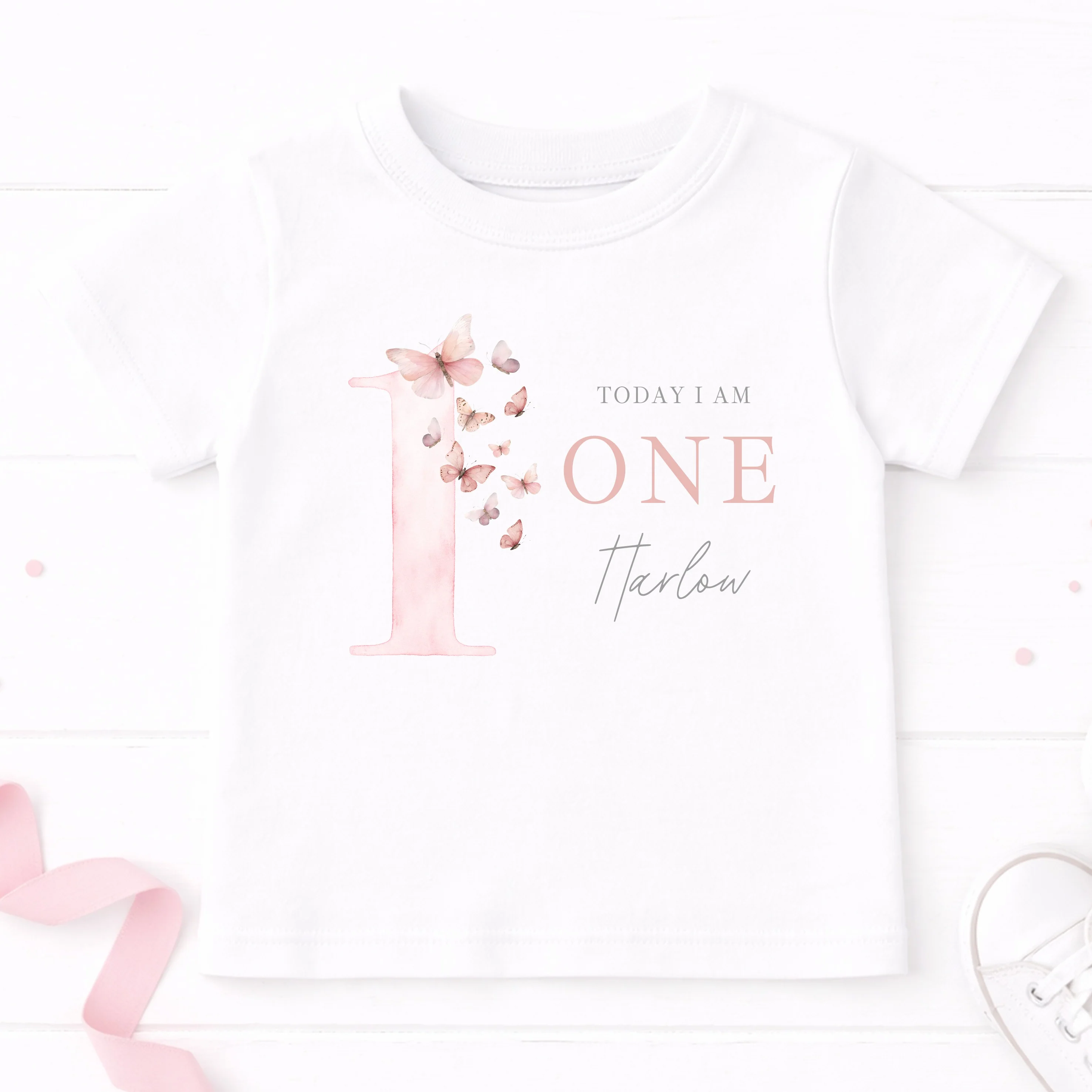 Personalised Pink Butterfly Today I Am One First Birthday T-Shirt - Image 2