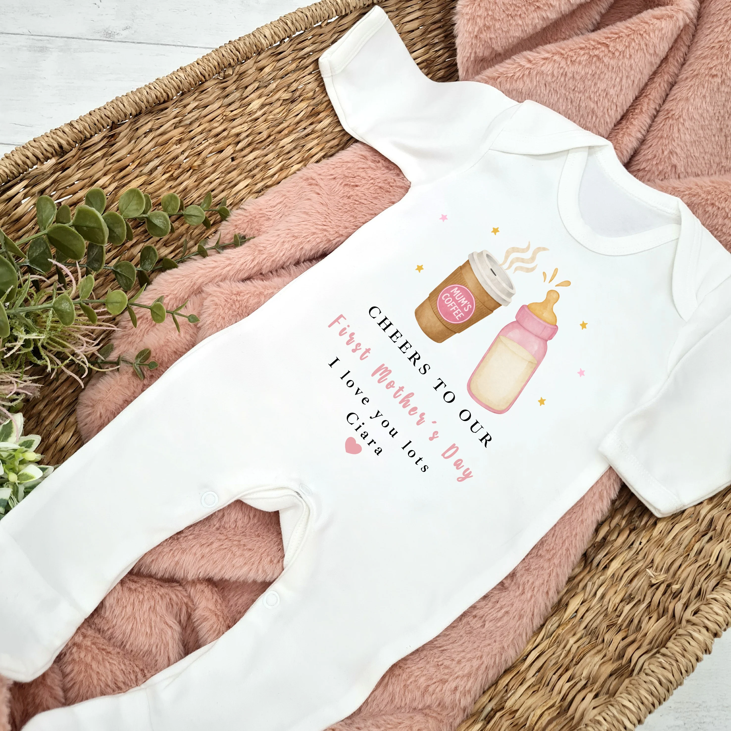 Personalised Pink Cheers Our First Mother's Day Baby Grow, Vest or Bib - Image 4
