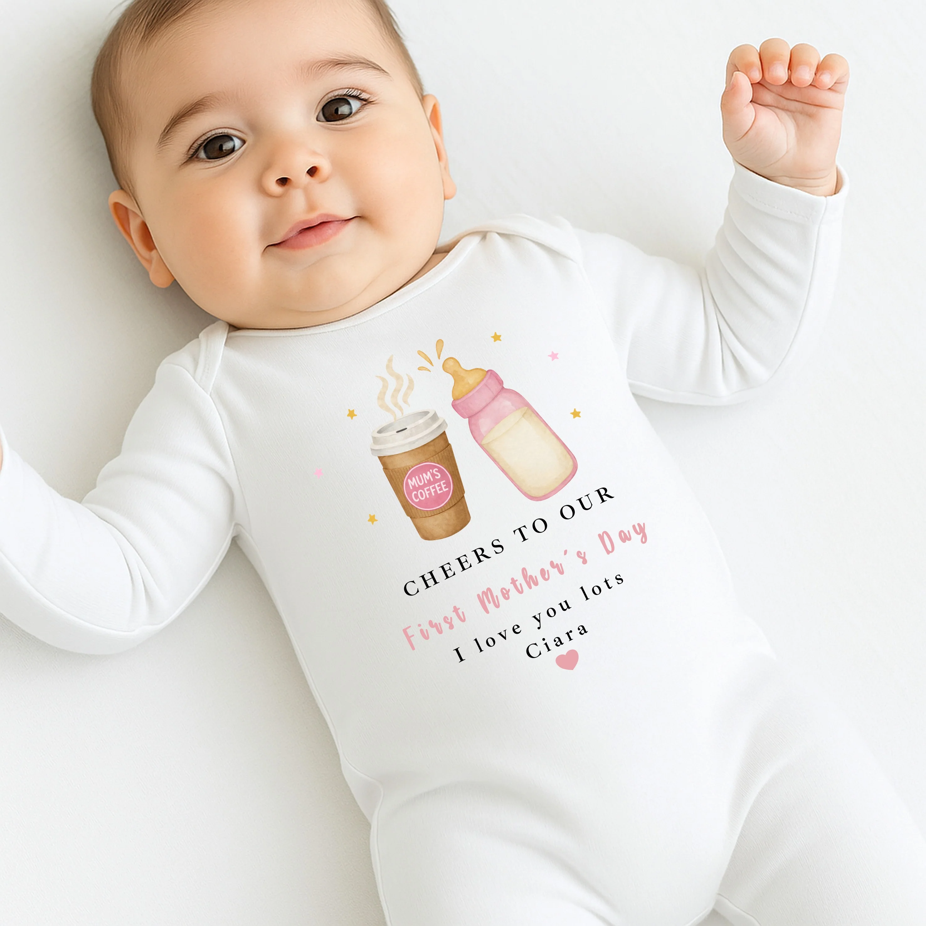 Personalised Pink Cheers Our First Mother's Day Baby Grow, Vest or Bib - Image 5