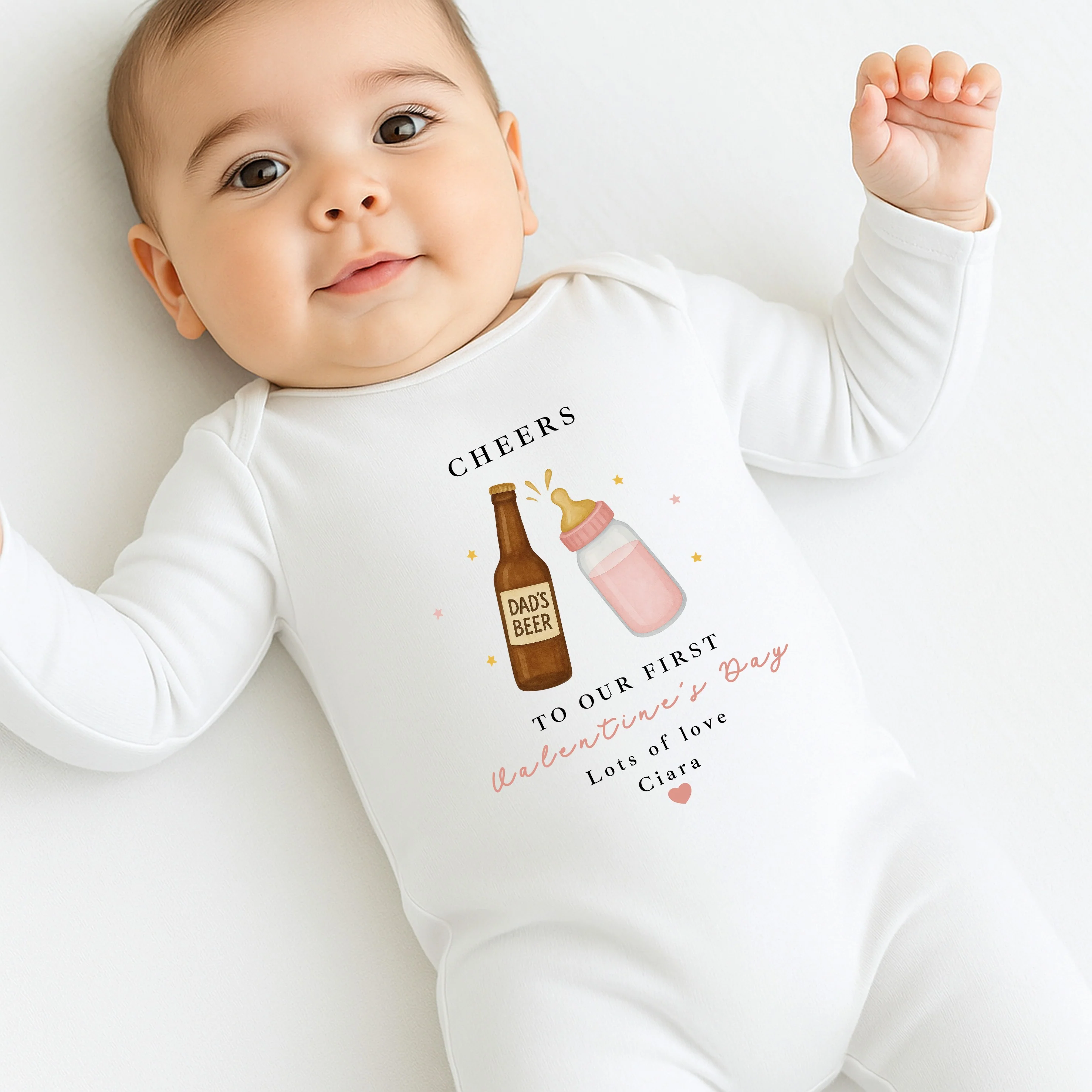 Personalised Pink Cheers Our First Valentines Day Baby Grow, Vest or Bib - Image 2