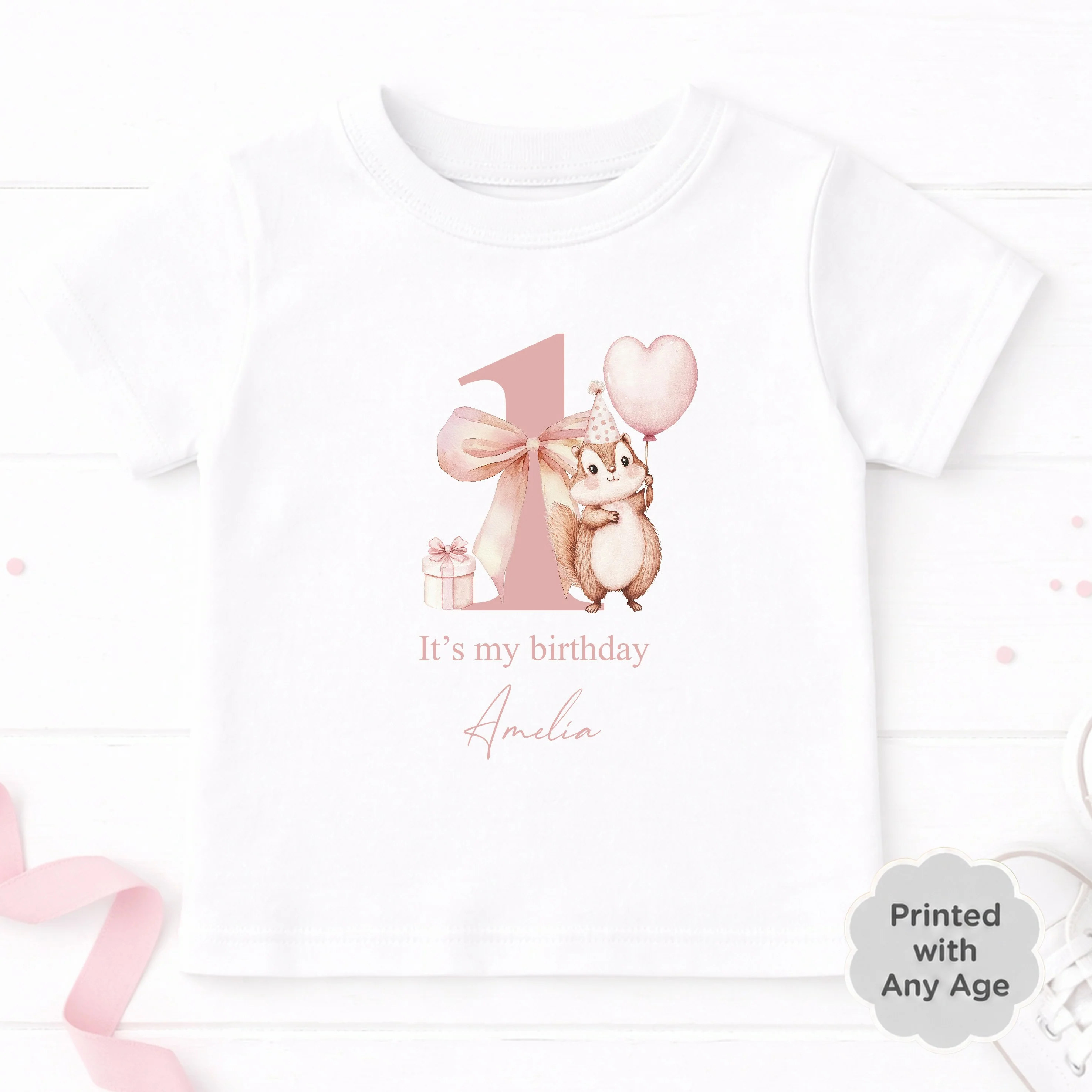 Personalised Pink Chipmunk Any Age Birthday T-Shirt