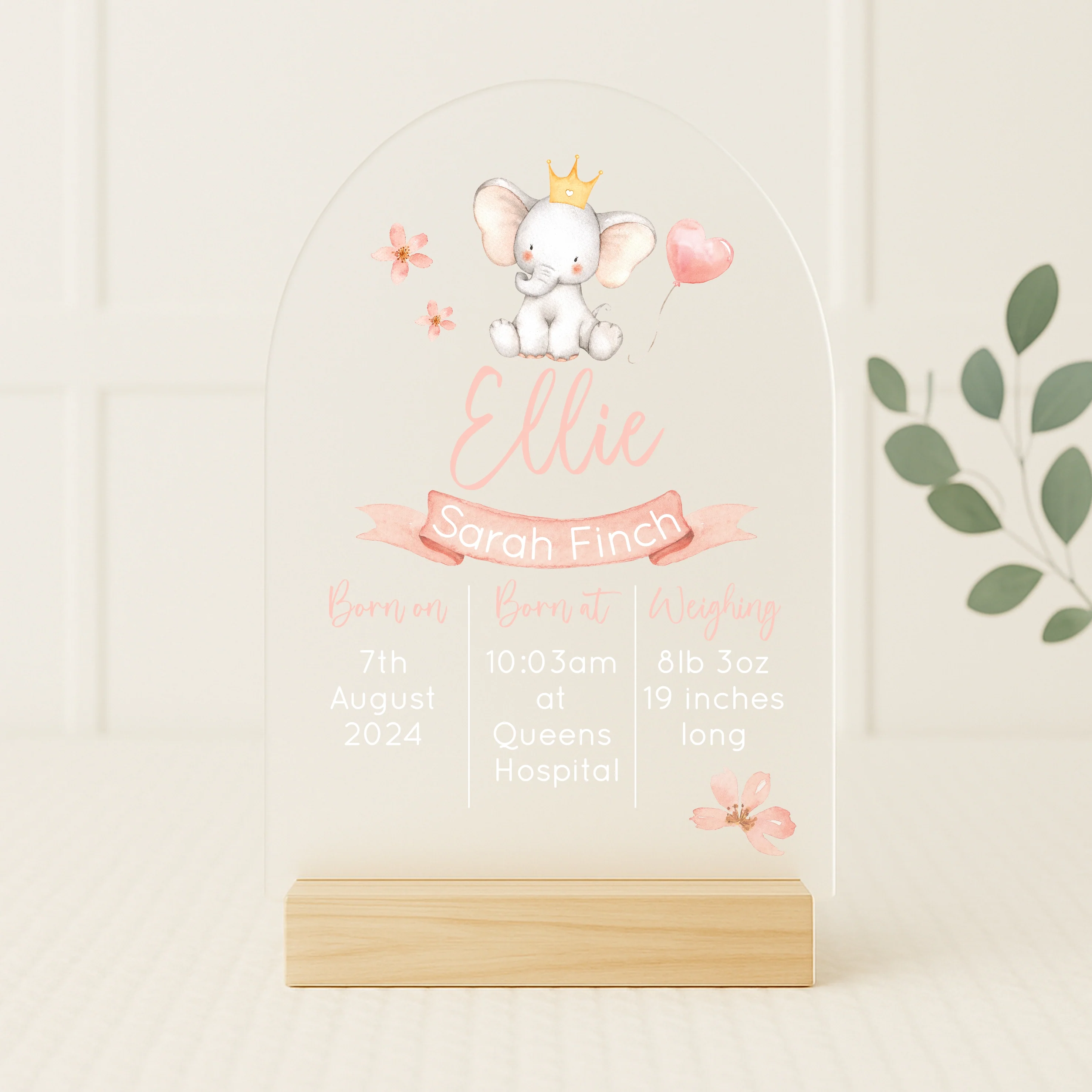 Personalised Pink Elephant Birth Stats Plaque