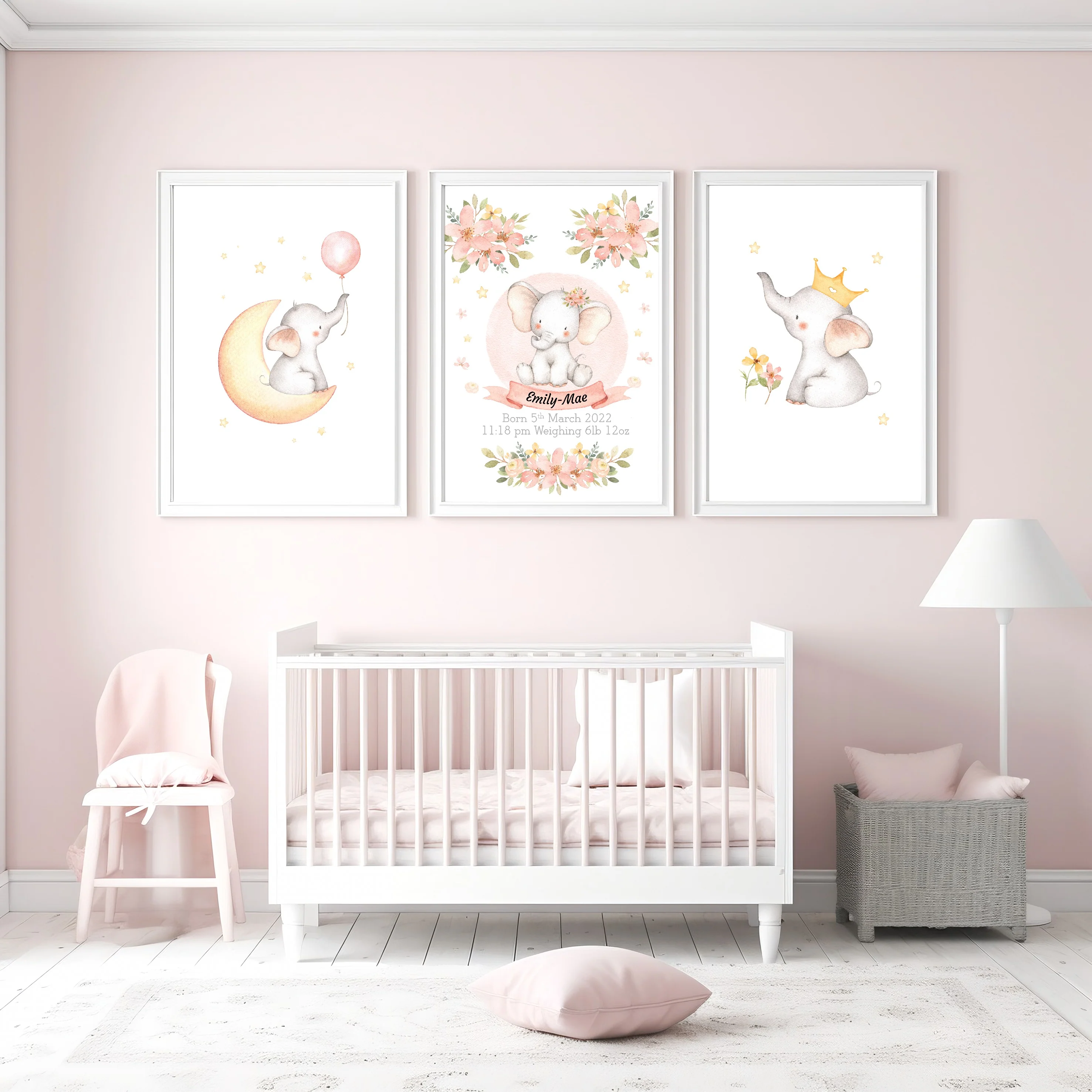 Personalised Pink Elephant Birth Stats Set of 3 Wall Art
