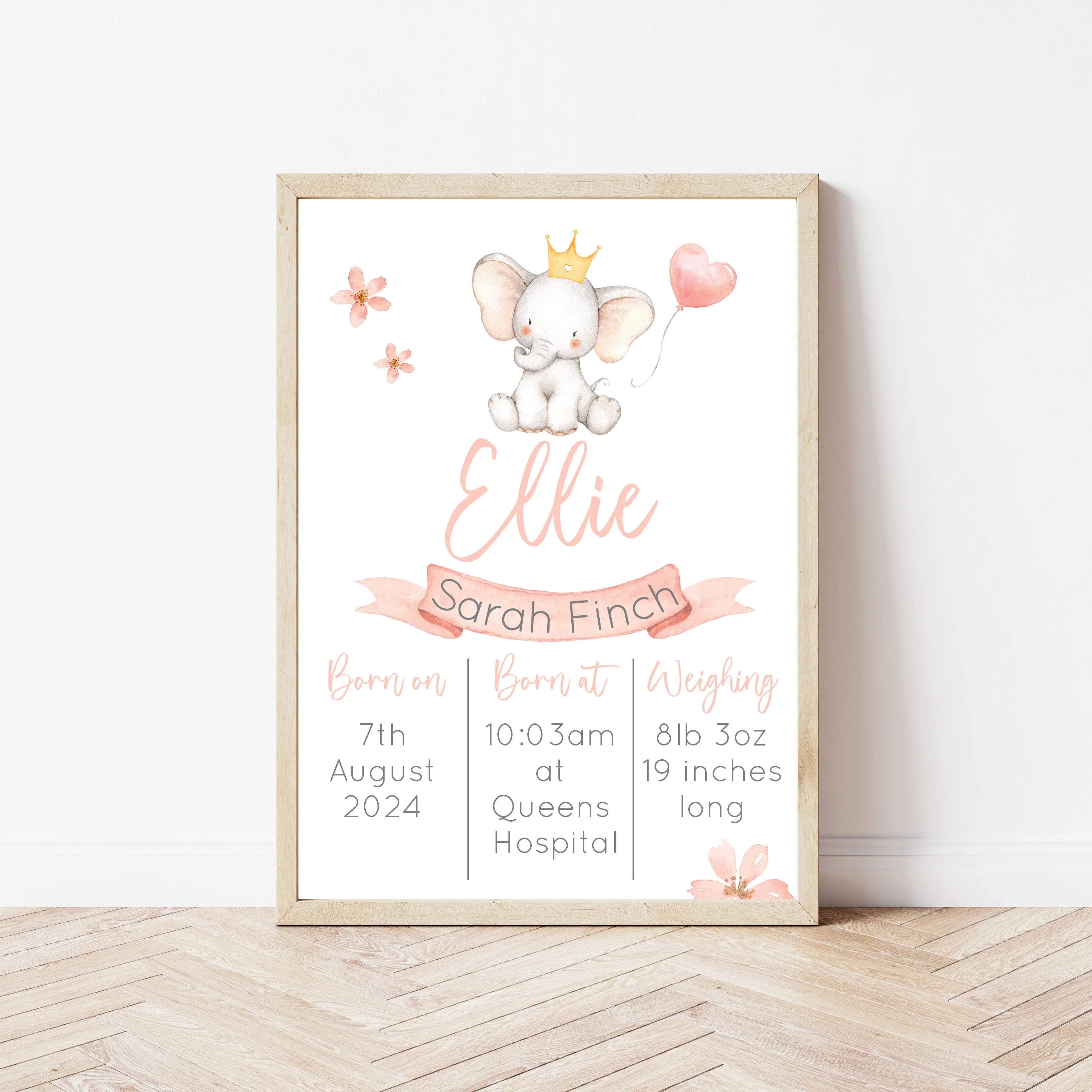Personalised Pink Elephant Birth Stats Wall Art - Image 3