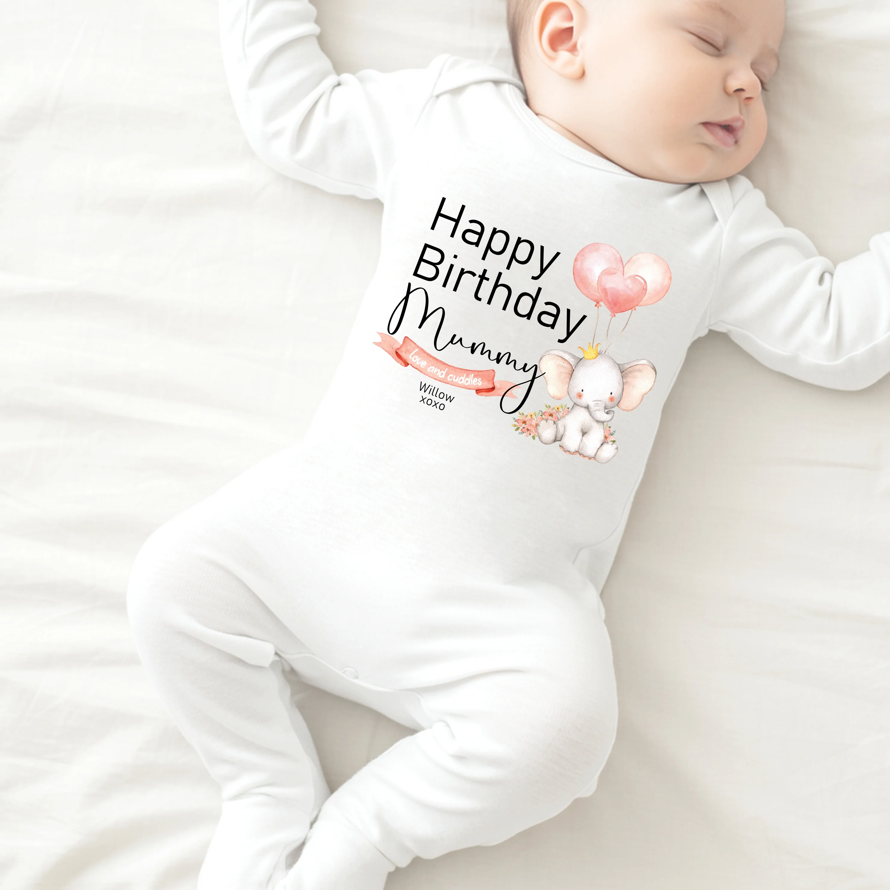 Personalised Pink Elephant Happy Birthday Daddy/Mummy Baby Grow or Vest - Image 4