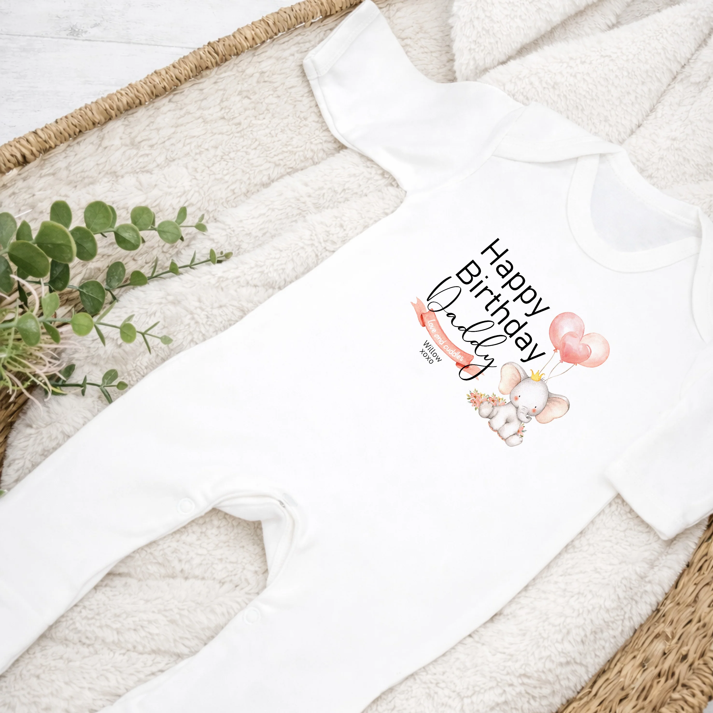 Personalised Pink Elephant Happy Birthday Daddy/Mummy Baby Grow or Vest - Image 5