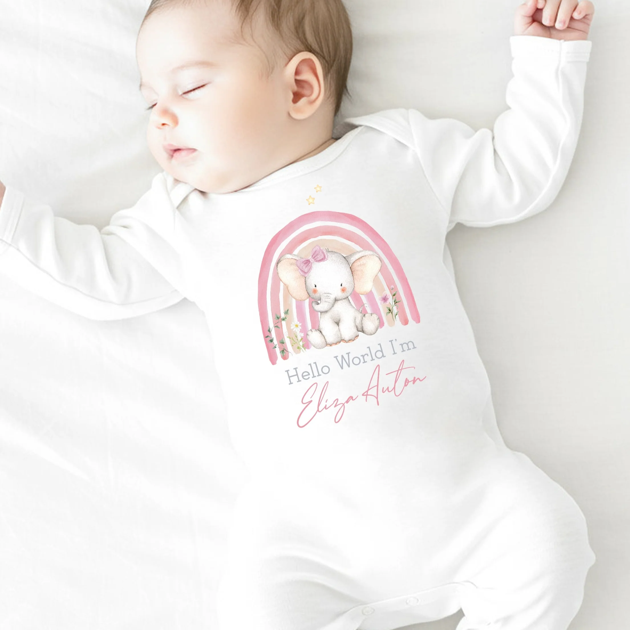 Personalised Pink Elephant Rainbow Hello World Babygrow/Vest