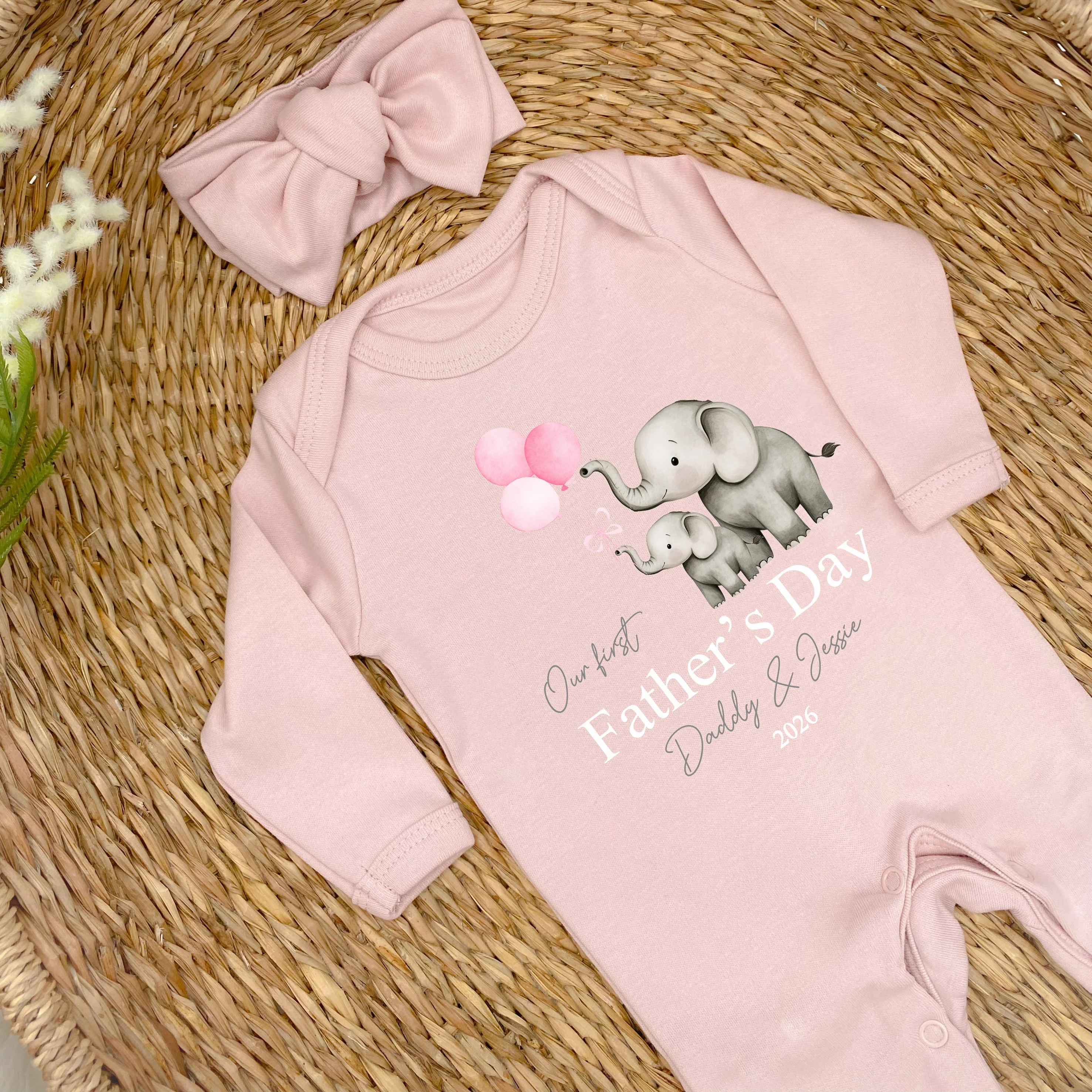 Personalised Pink Elephants Our First Father's Day Baby Grow or Vest
