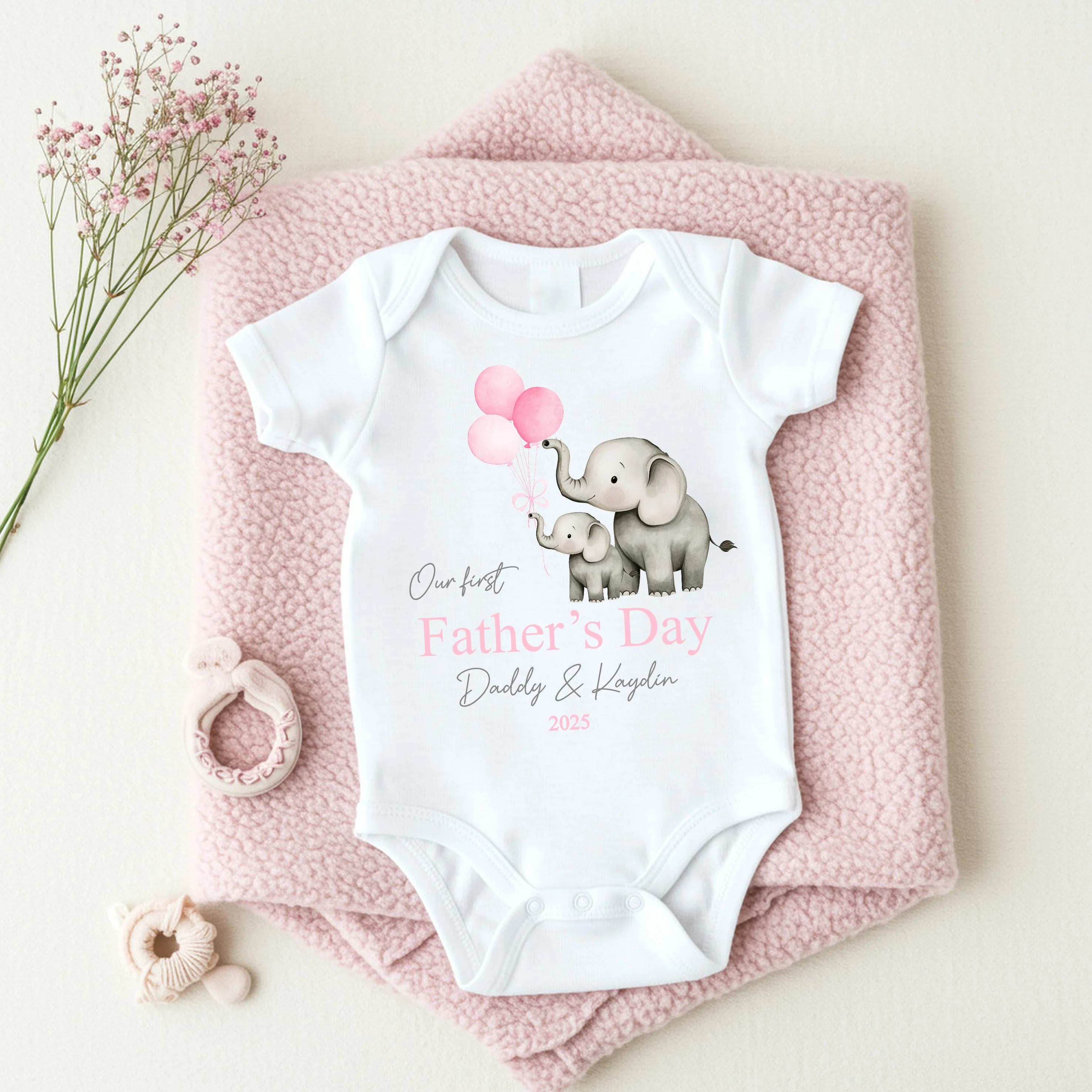 Personalised Pink Elephants Our First Father's Day Baby Grow or Vest - Image 5
