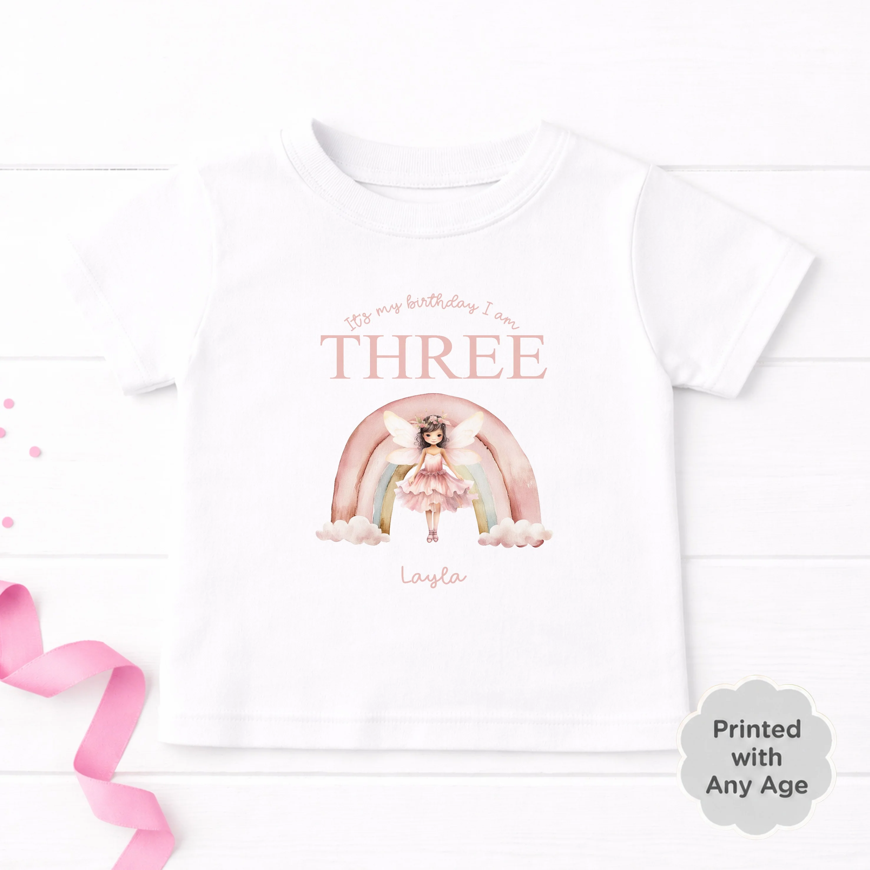 Personalised Pink Fairy Rainbow Any Age Birthday T-Shirt