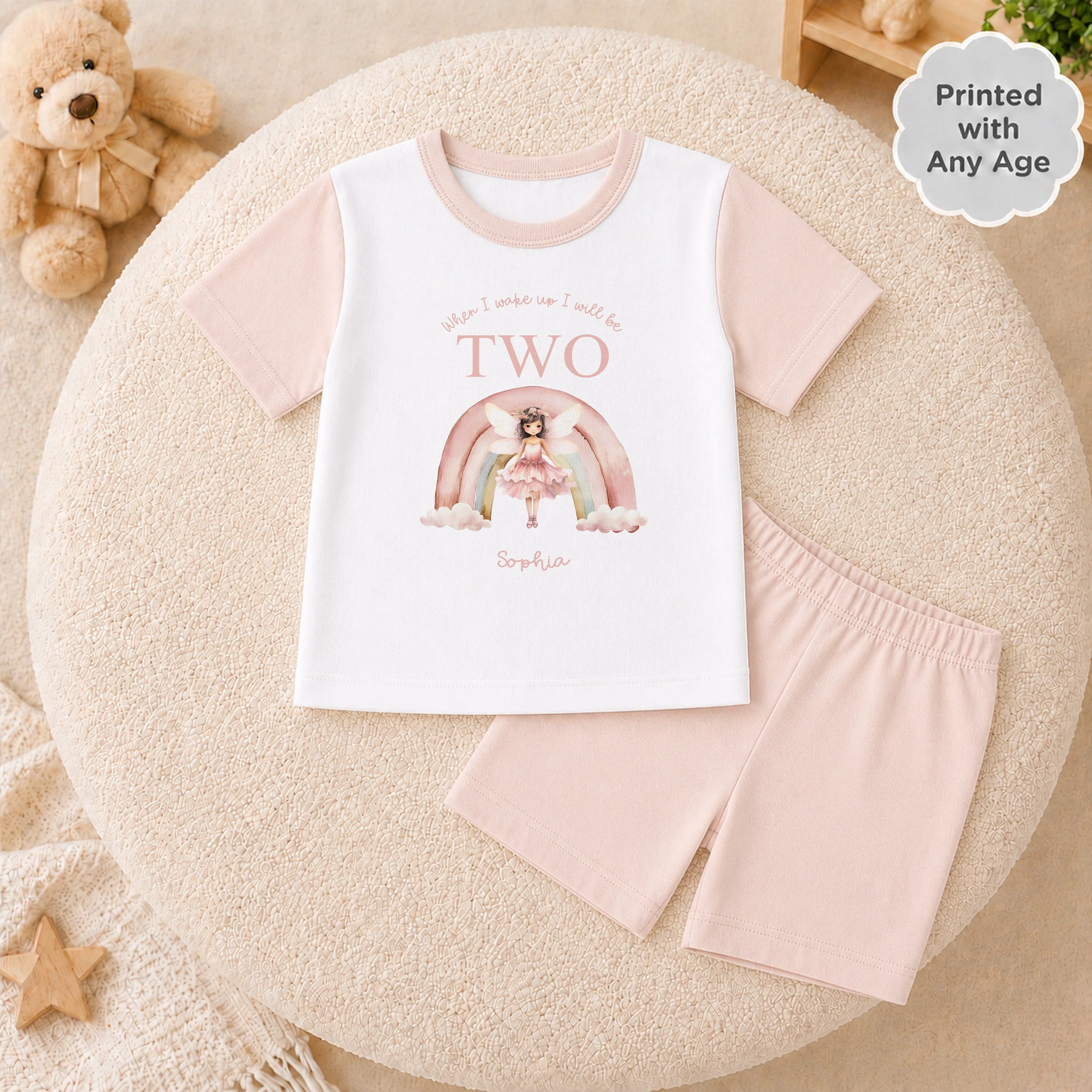 Personalised Pink Fairy Rainbow Short Sleeve Any Birthday Pyjamas - Image 2