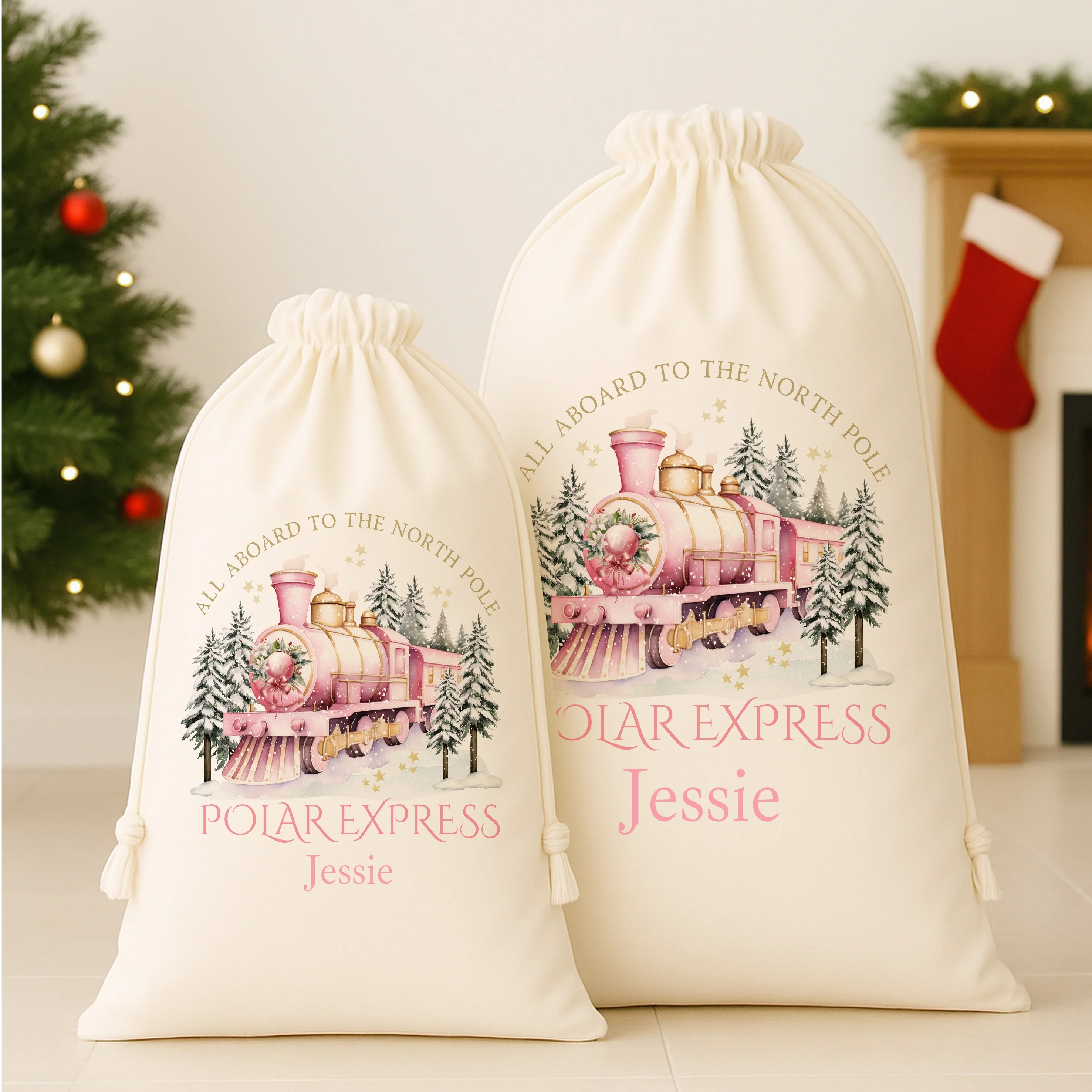 Personalised Pink Festive Train Canvas Santa Sack - Image 2