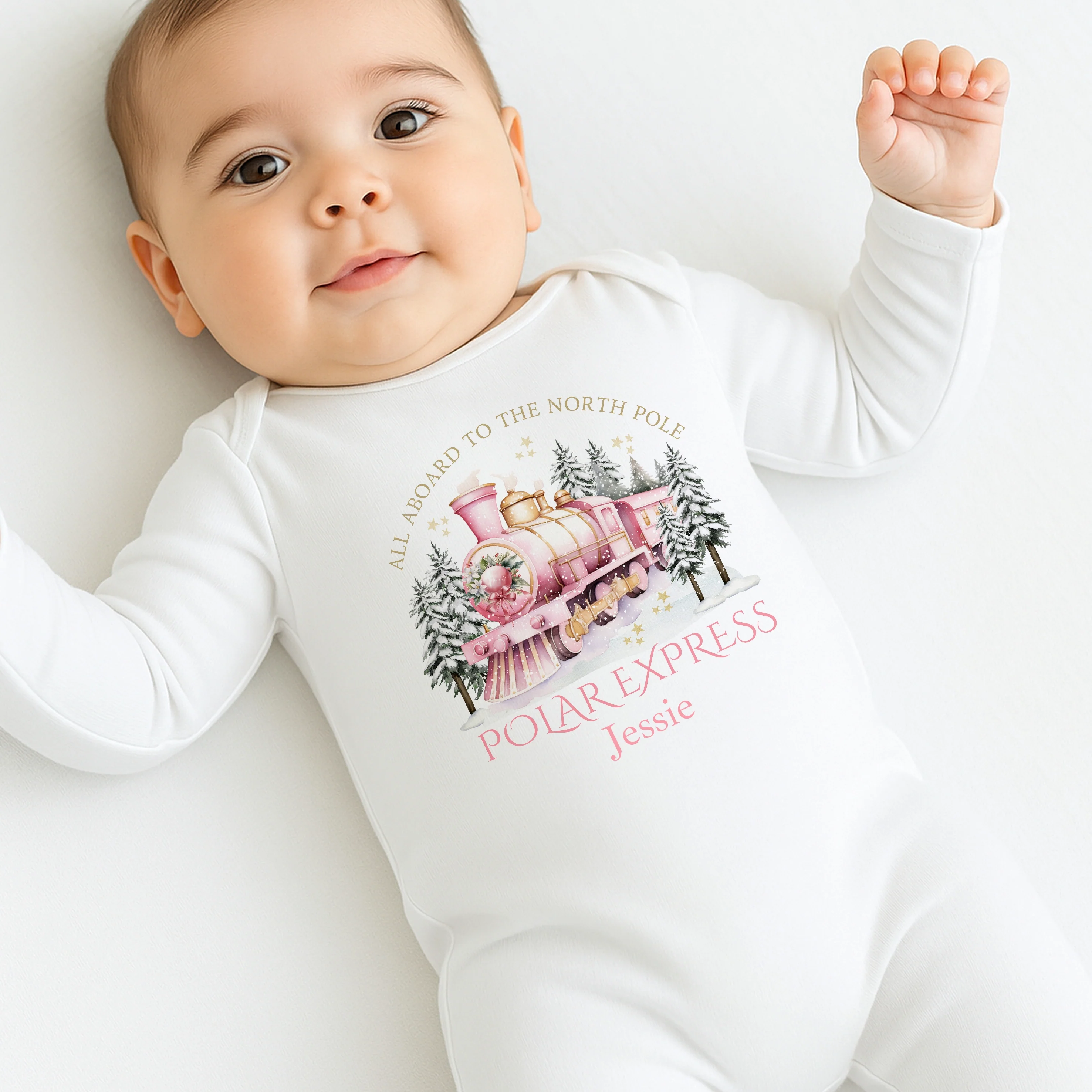 Personalised Pink Festive Train Christmas Baby Grow/Vest/Bib