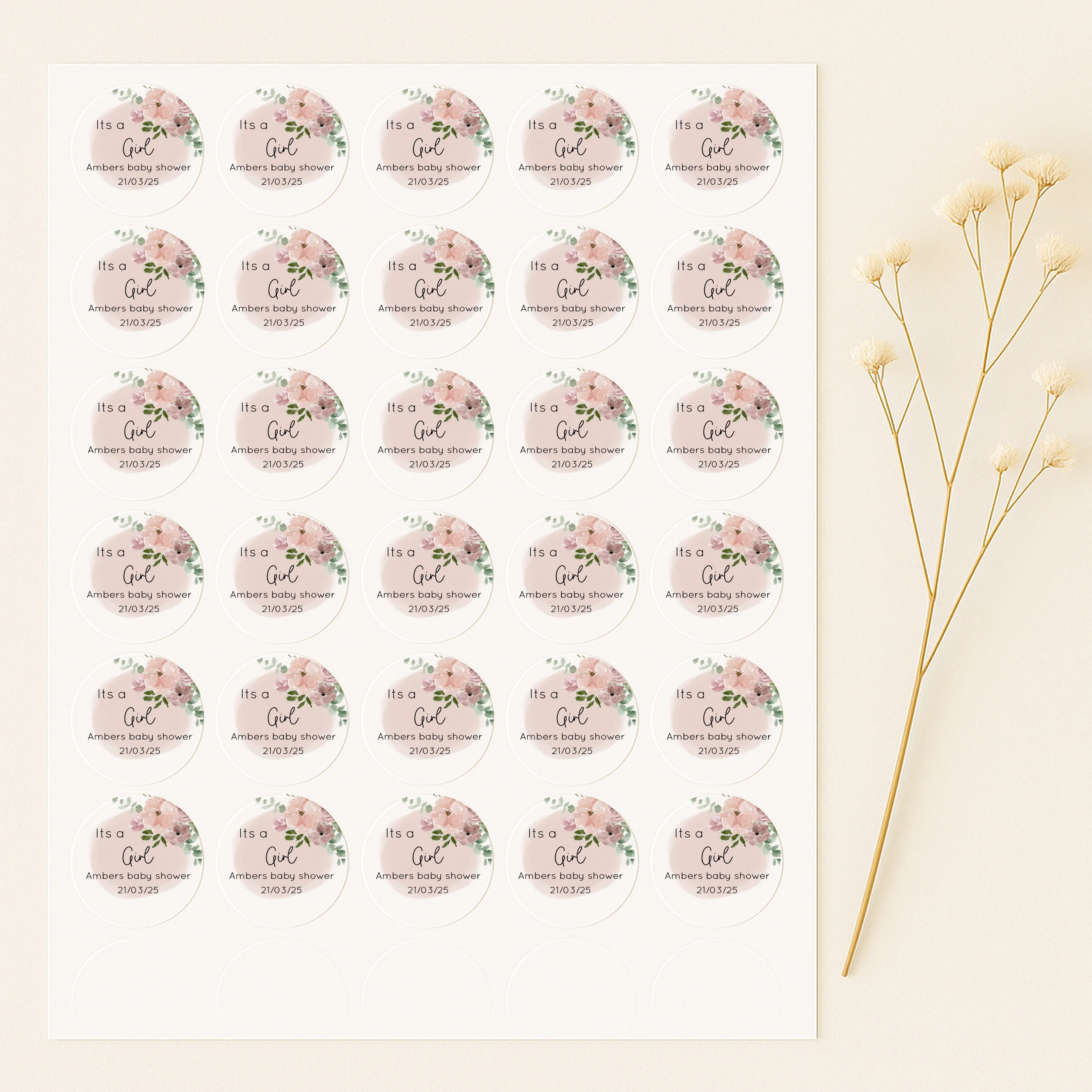 Personalised Pink Floral It's a Girl Baby Shower Stickers - Image 3