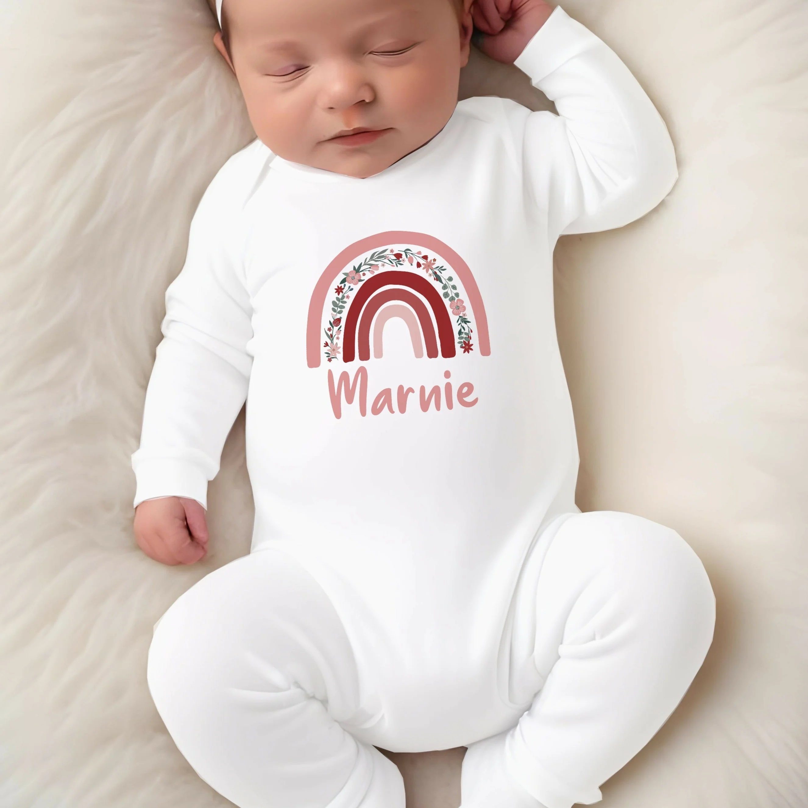 Personalised Pink Floral Rainbow Babygrow/Vest
